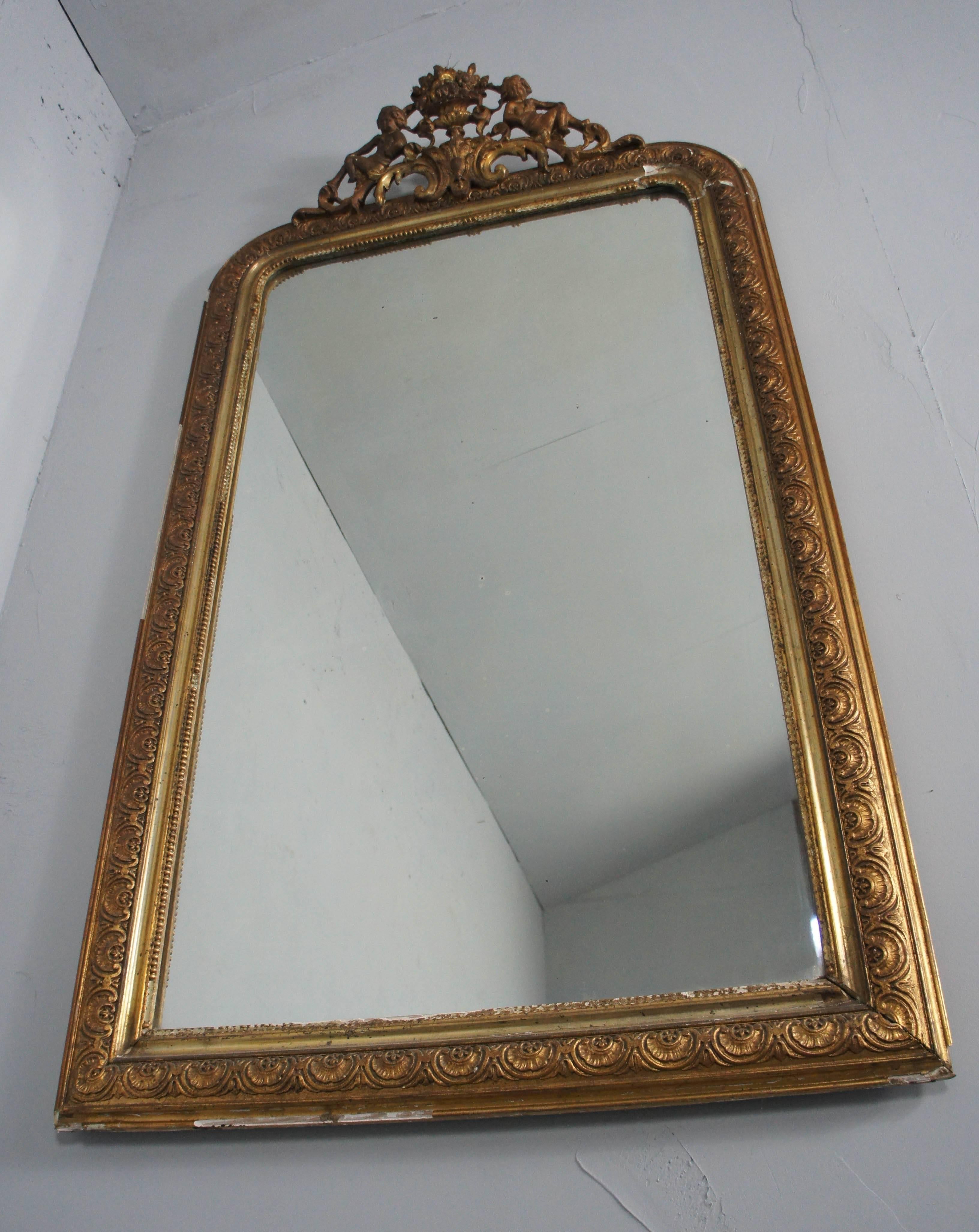 Napoleon III 19th Century French Louis Philippe Gilt Gesso Overmantle Mirror Putti Cherub