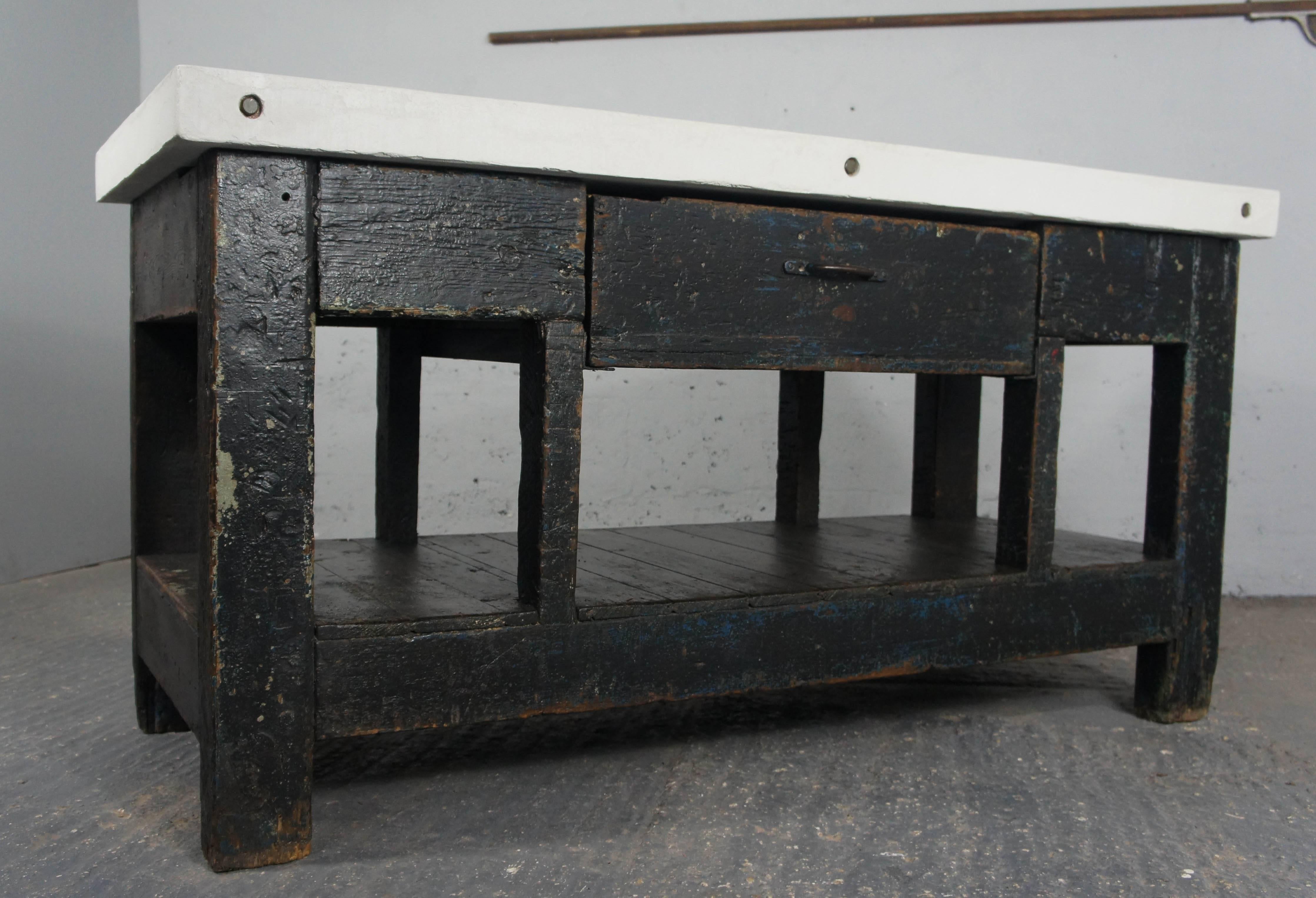 Vintage Industrial Workbench Kitchen Island Sideboard Concrete Cement Resin Top In Excellent Condition In Culverthorpe, Lincs