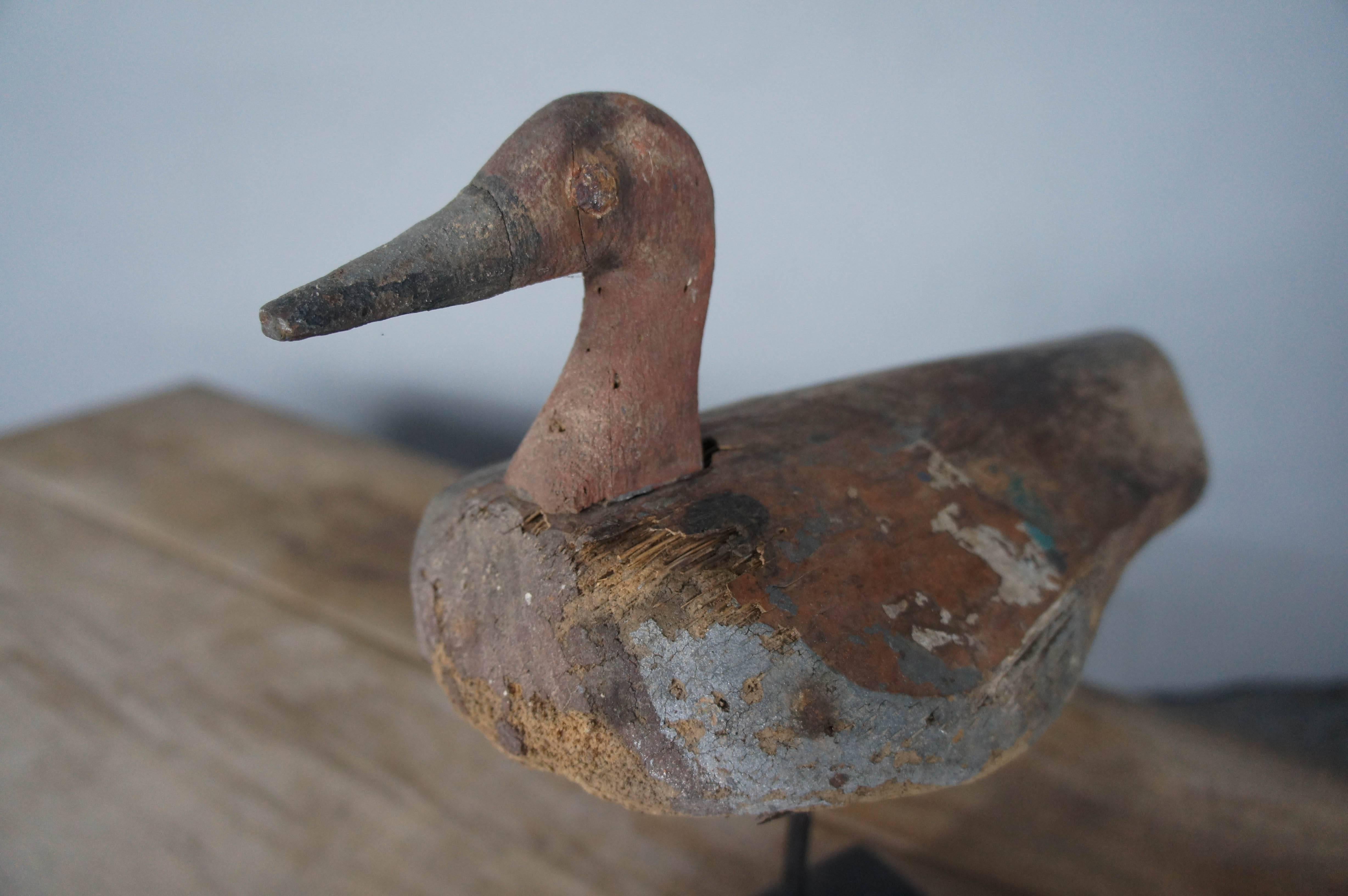 English Folk Art Wooden Decoy Duck on Stand with Distressed Paint