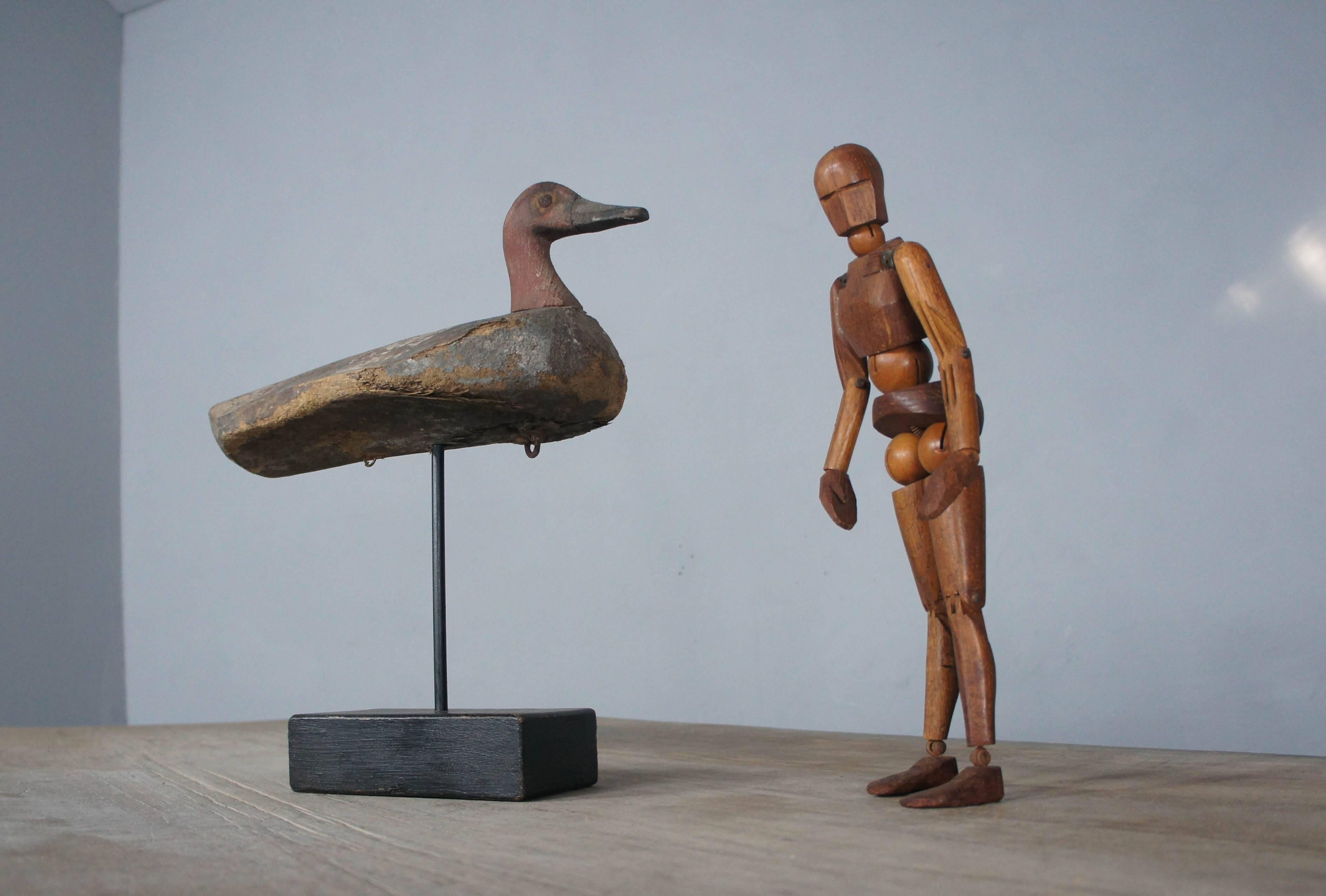 19th Century Folk Art Wooden Decoy Duck on Stand with Distressed Paint