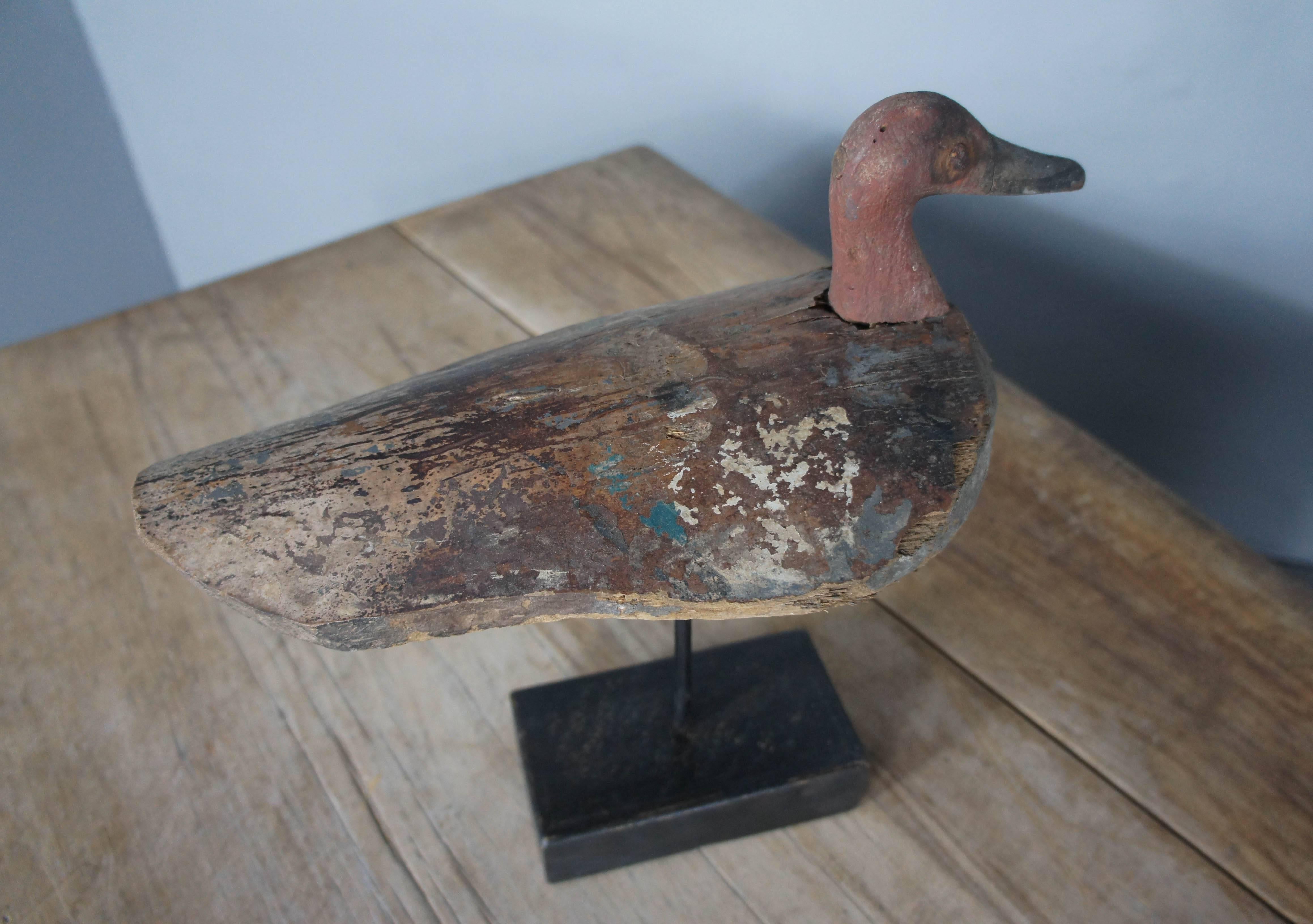 Folk Art Wooden Decoy Duck on Stand with Distressed Paint 1
