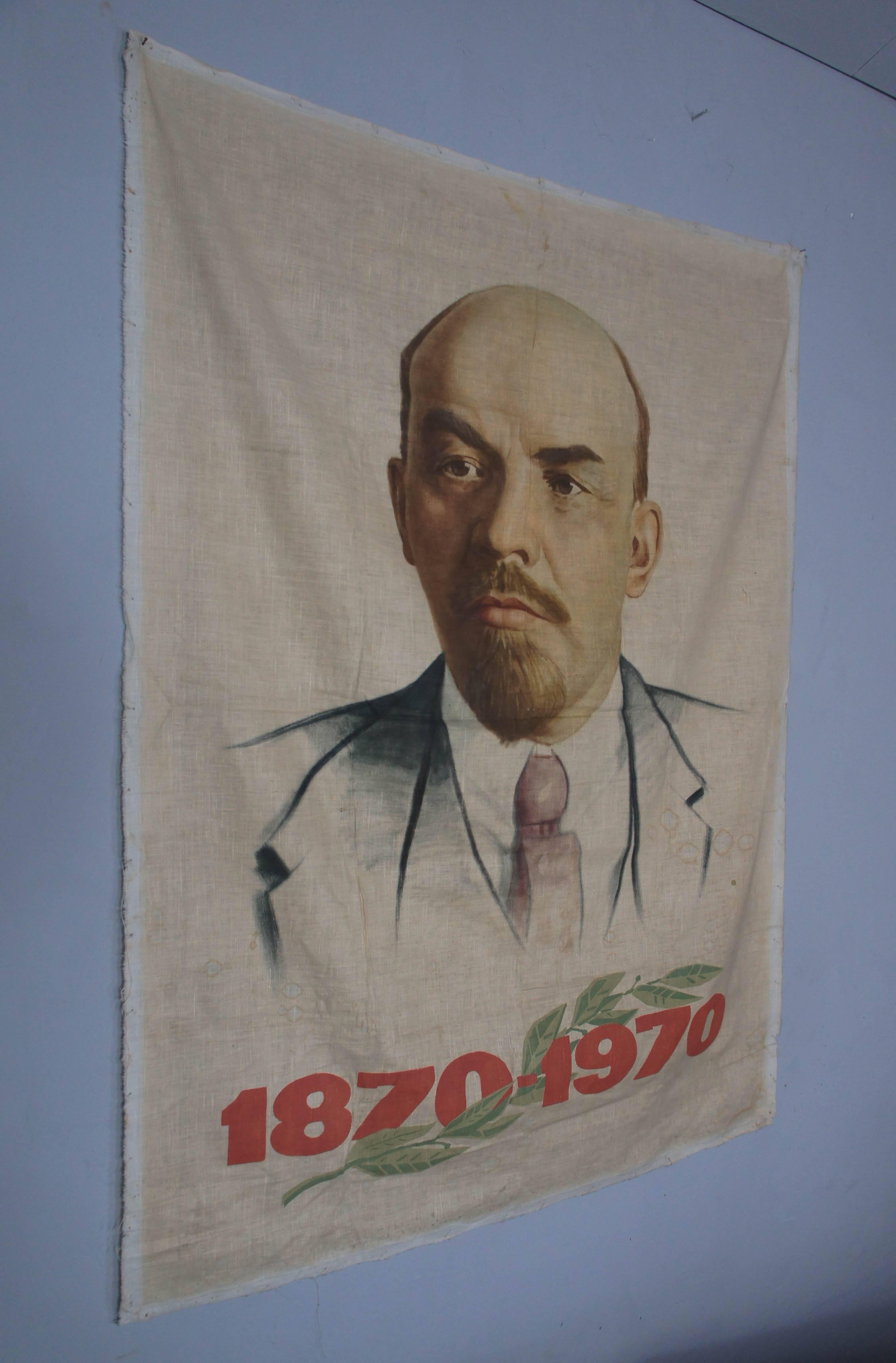 Russian Hand-Painted Bust of Lenin on Fabric, Soviet Propaganda
