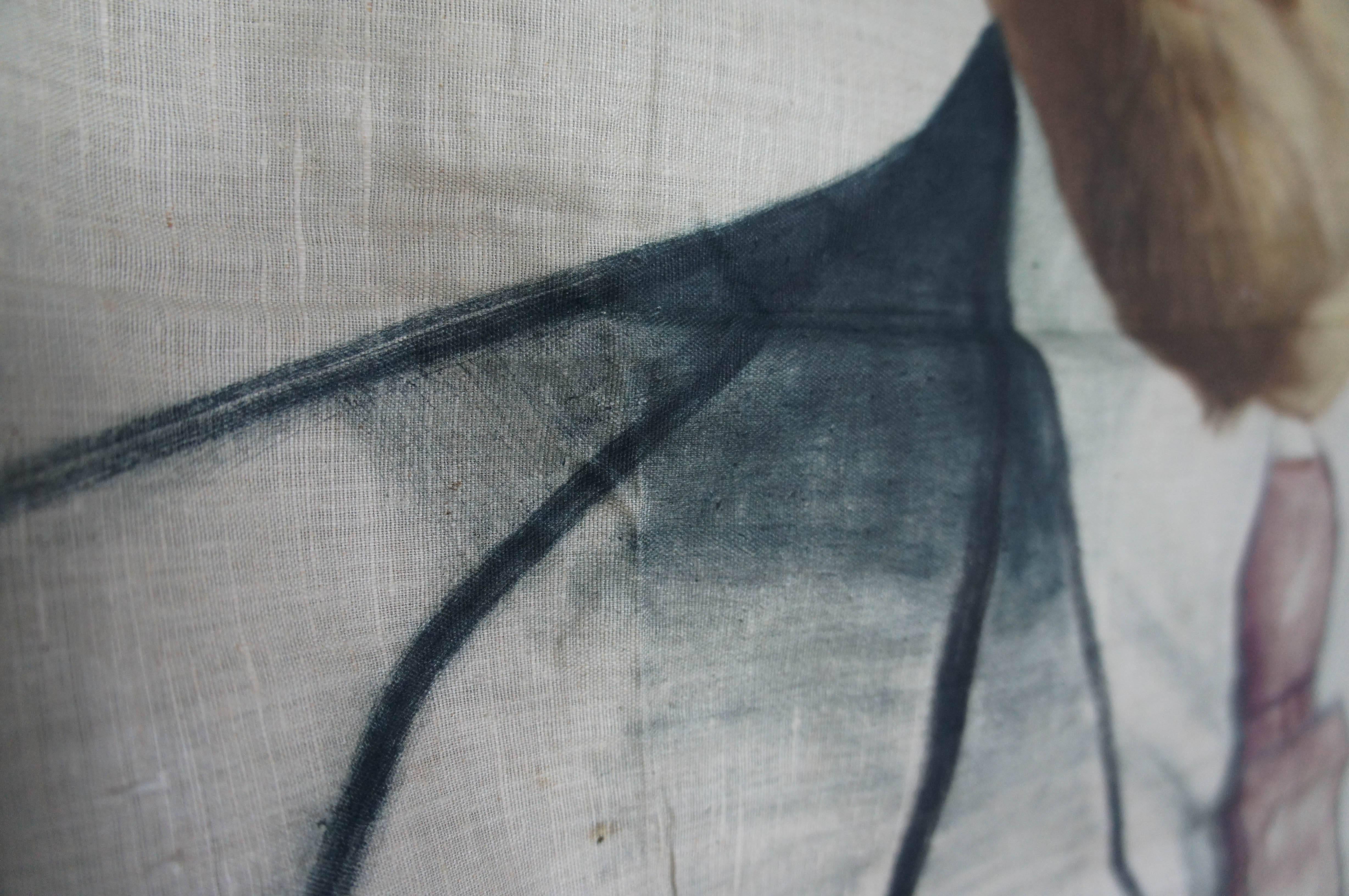 Linen Hand-Painted Bust of Lenin on Fabric, Soviet Propaganda