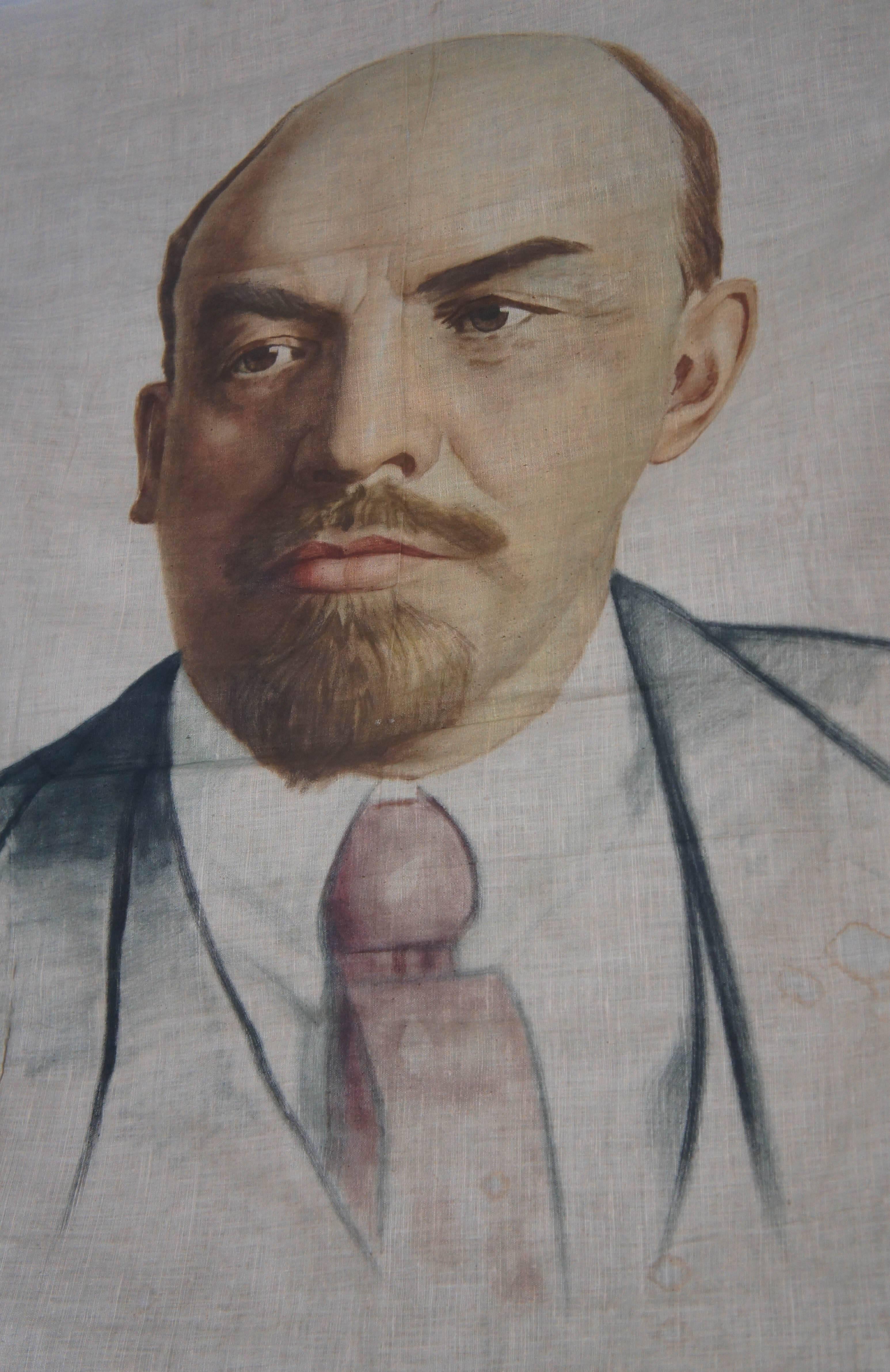 Hand-Painted Bust of Lenin on Fabric, Soviet Propaganda 2