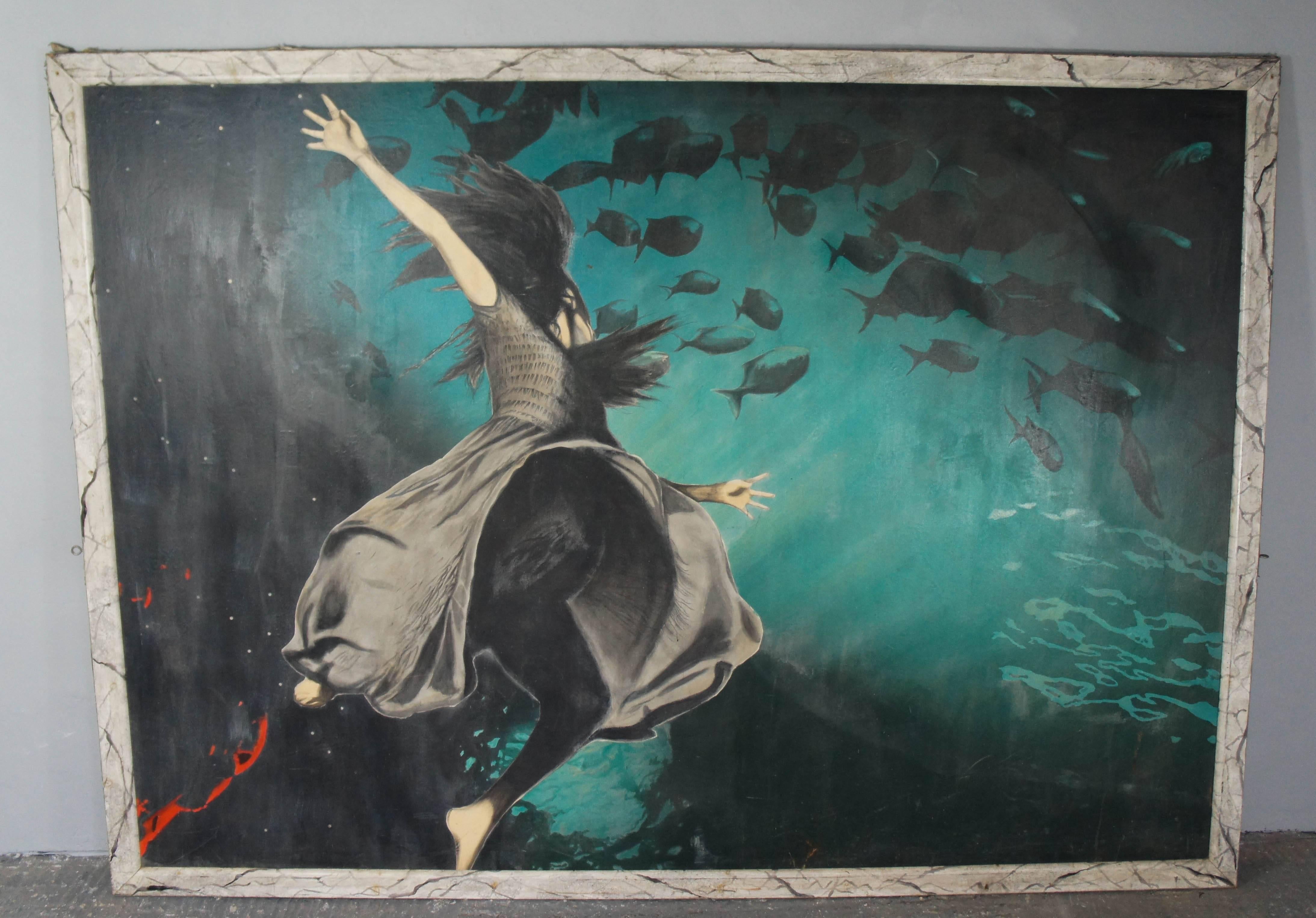 A fabulous oversized work of art pulled from an unknown artist's studio in Sussex; appearing to feature a girl floating upside down in the ocean amongst fish.
Great feature wall art.