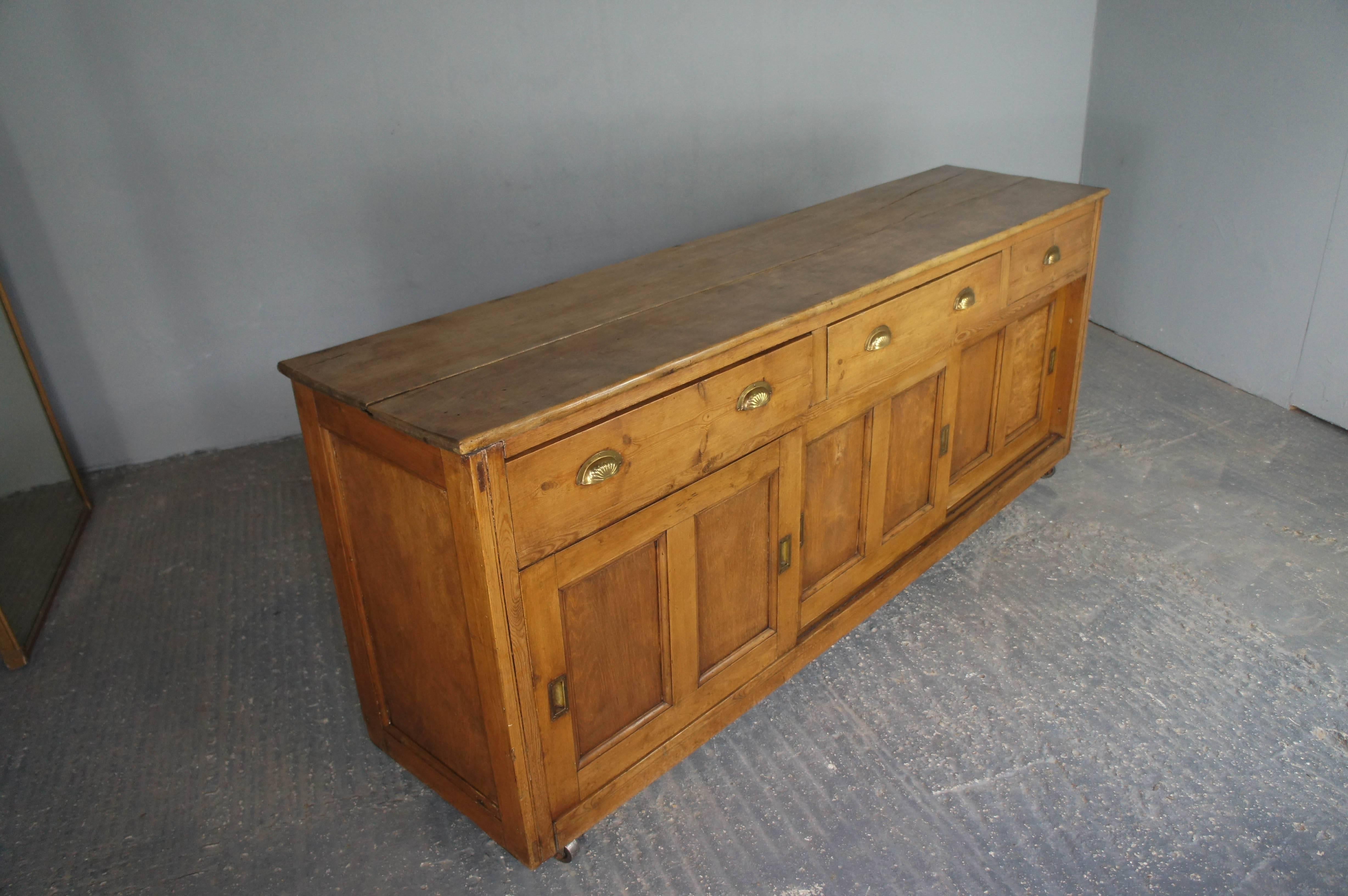 English Victorian Pine Dresser Base with Hardwood Top on Casters