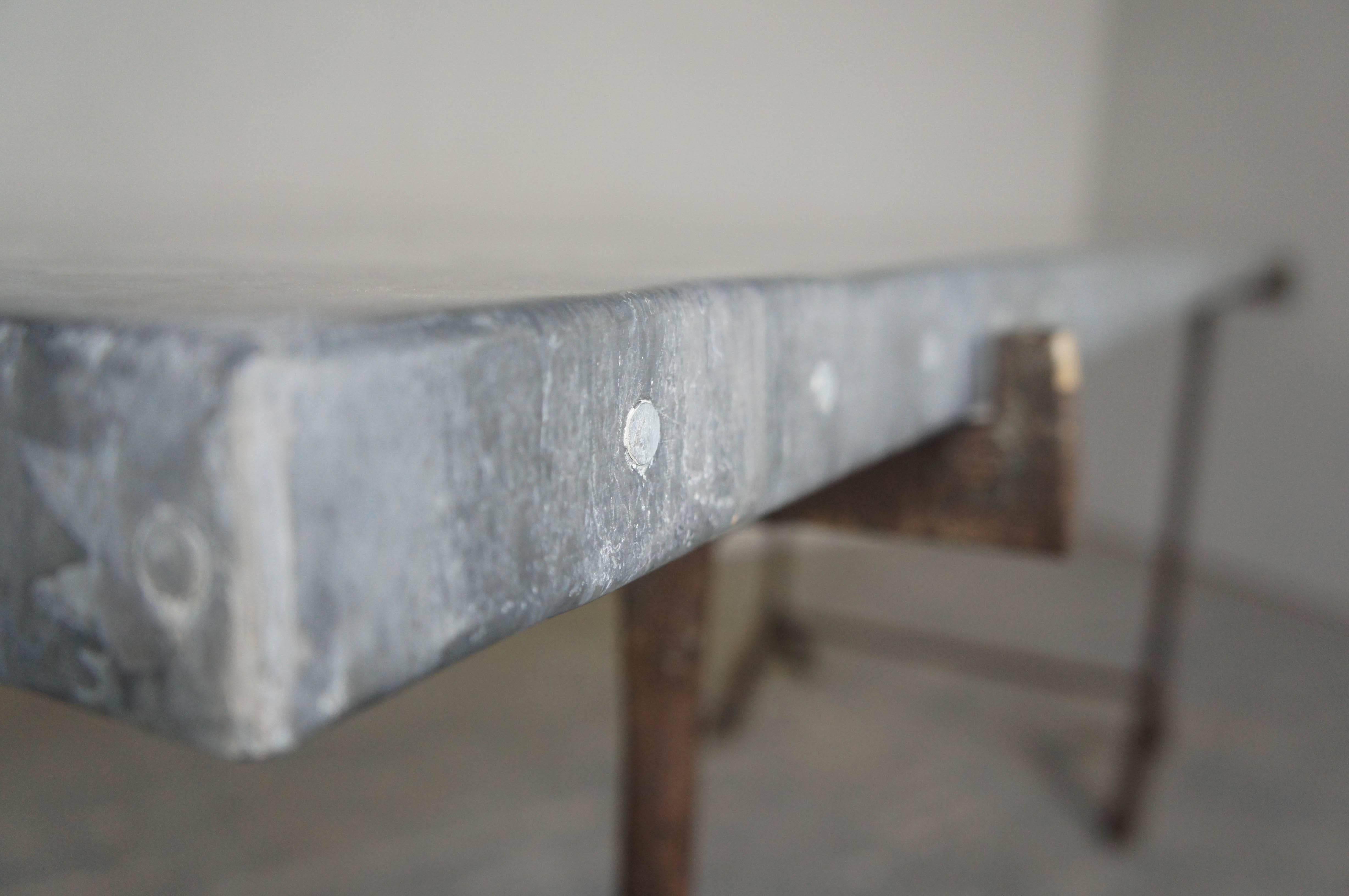 English Vintage Industrial Zinc Top Dining Table on Wrought Iron Trestle Legs