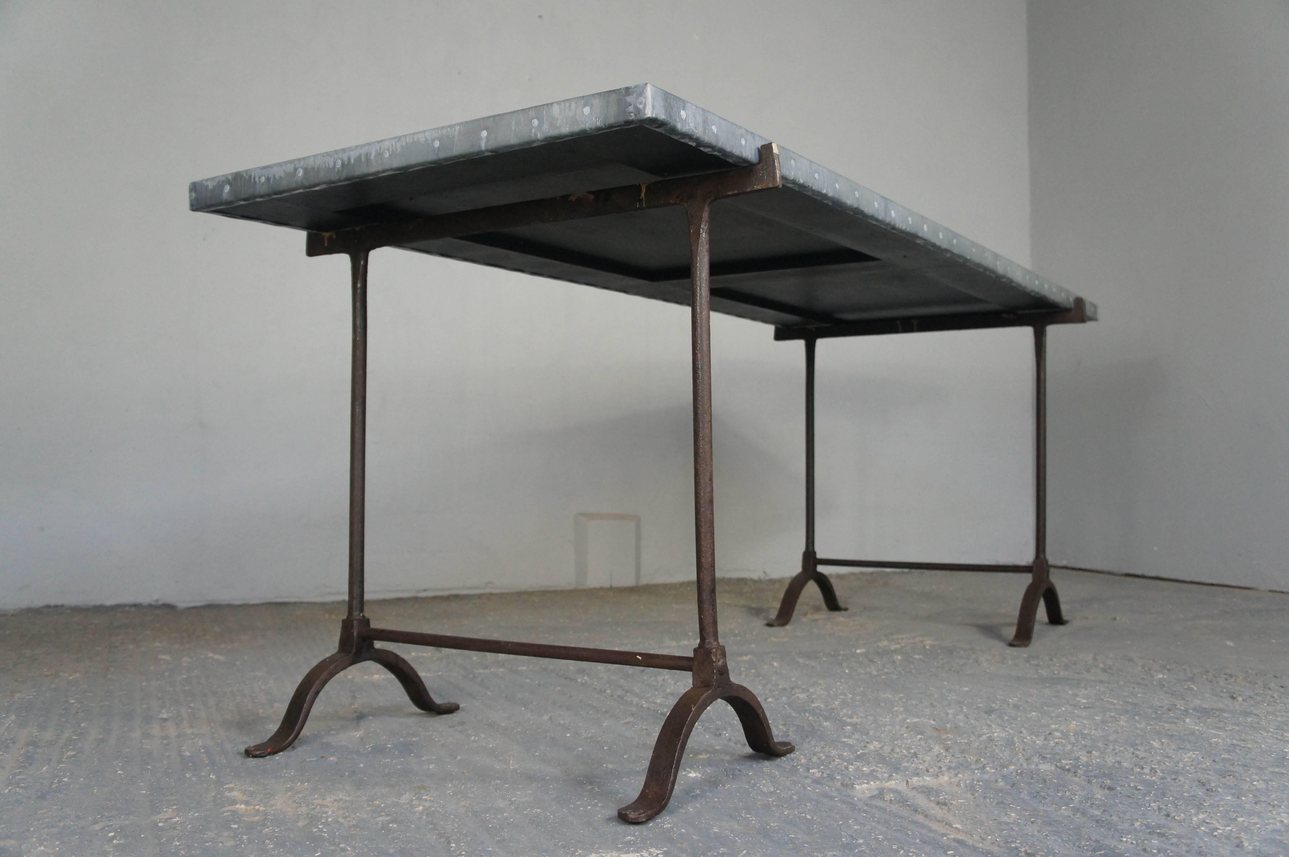 Vintage Industrial Zinc Top Dining Table on Wrought Iron Trestle Legs 1