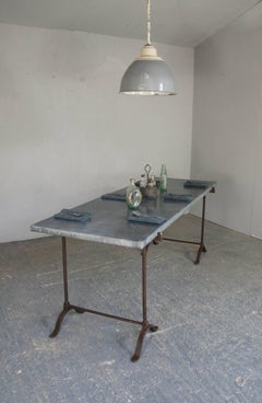 Vintage Industrial Zinc Top Dining Table on Wrought Iron Trestle Legs