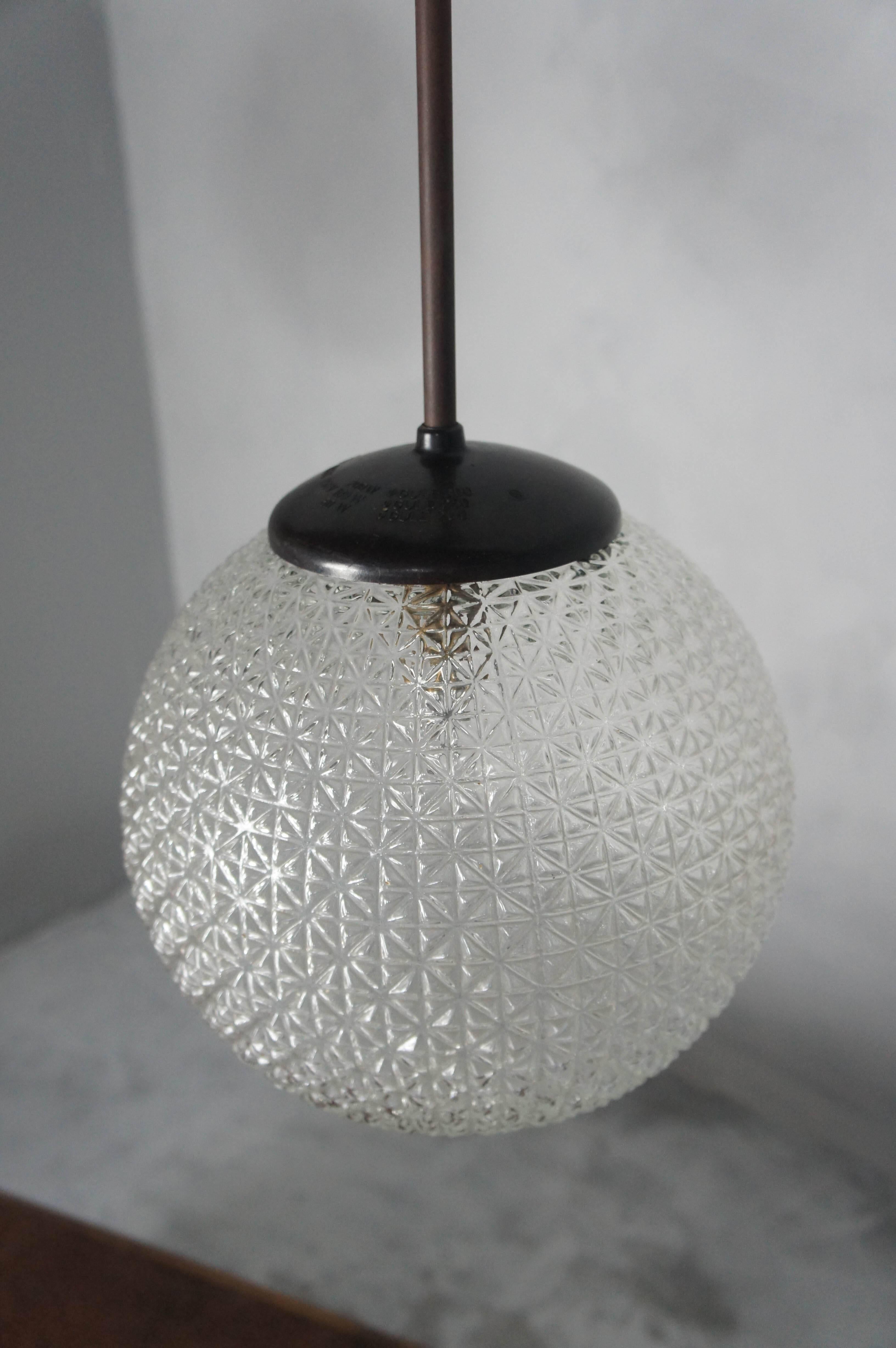 French Pair of Midcentury Glass and Bakelite Holophane Globe Pendant Lights