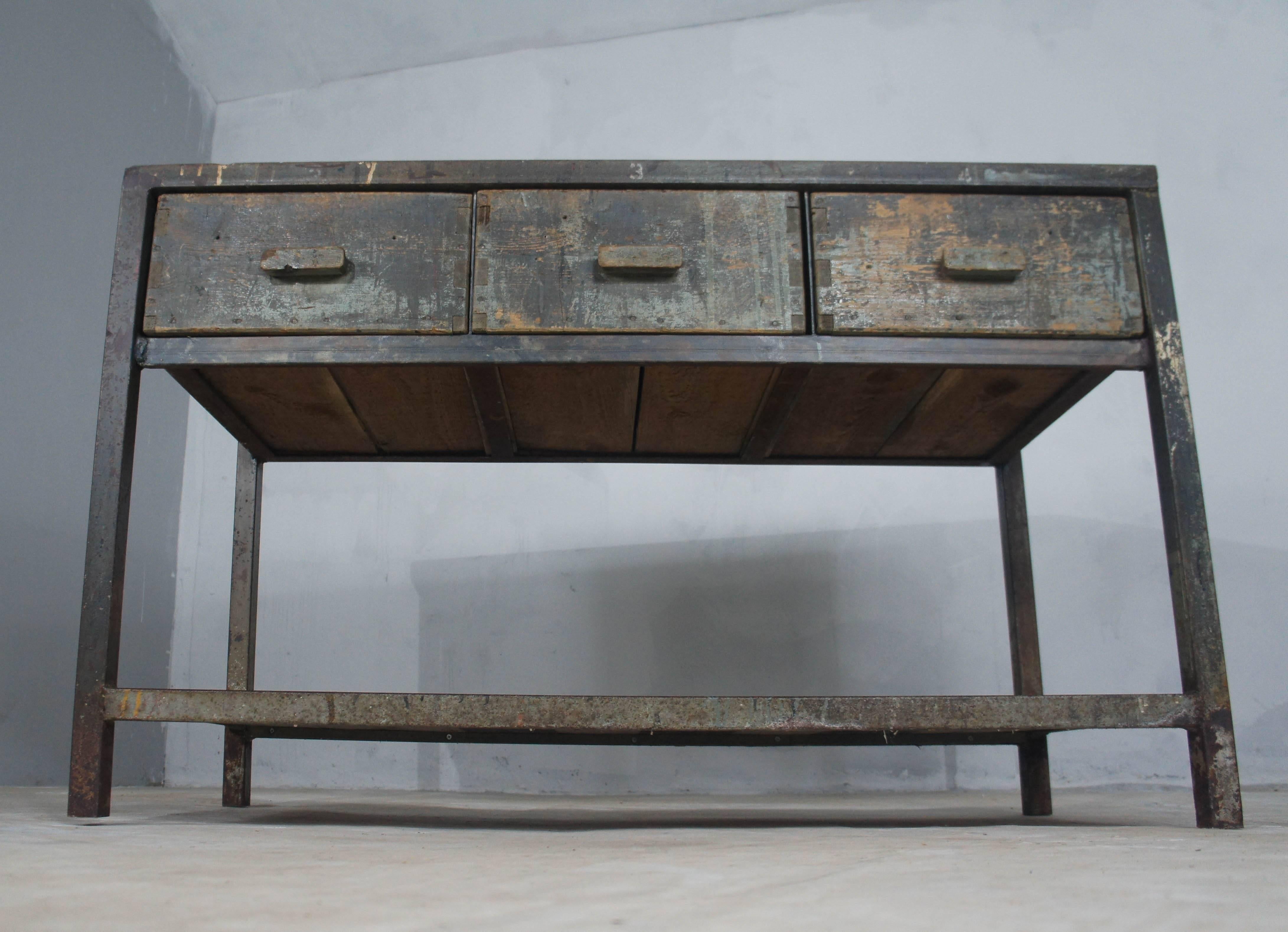 Industrial Steel Framed Workbench Kitchen Island with Concrete Style Top