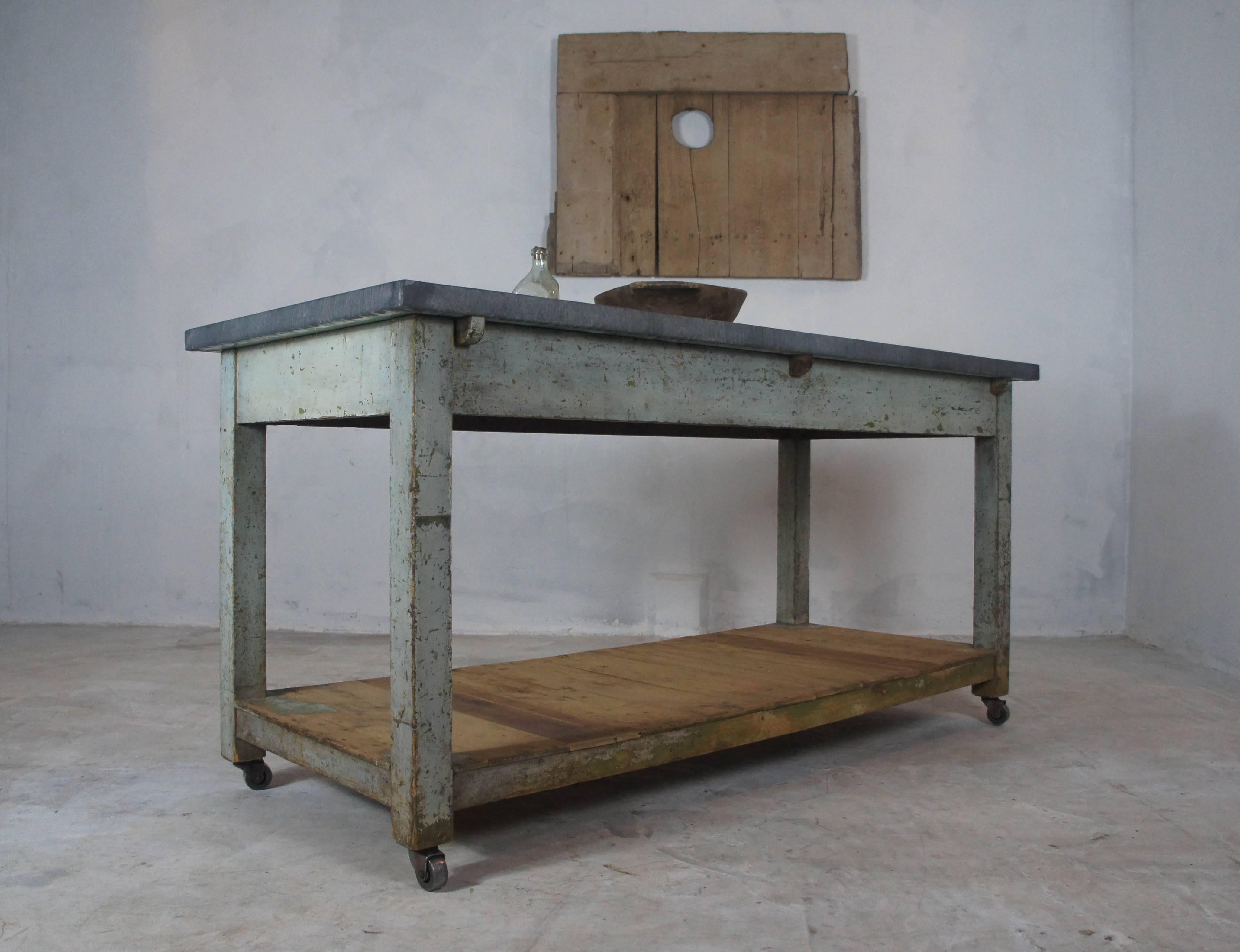 20th Century French Table, Sideboard or Kitchen Island with Zinc Top on Casters 1