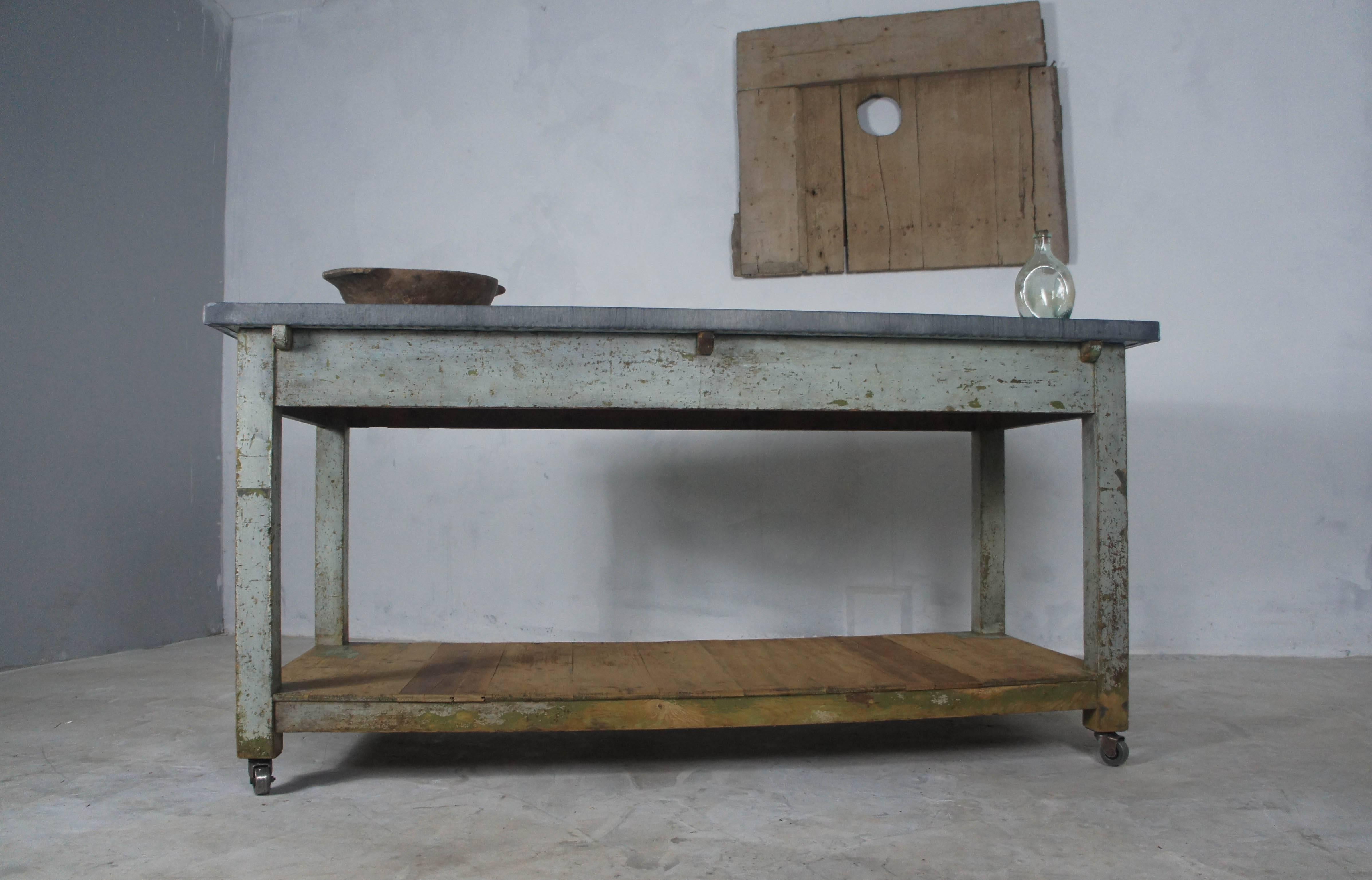 20th Century French Table, Sideboard or Kitchen Island with Zinc Top on Casters 4