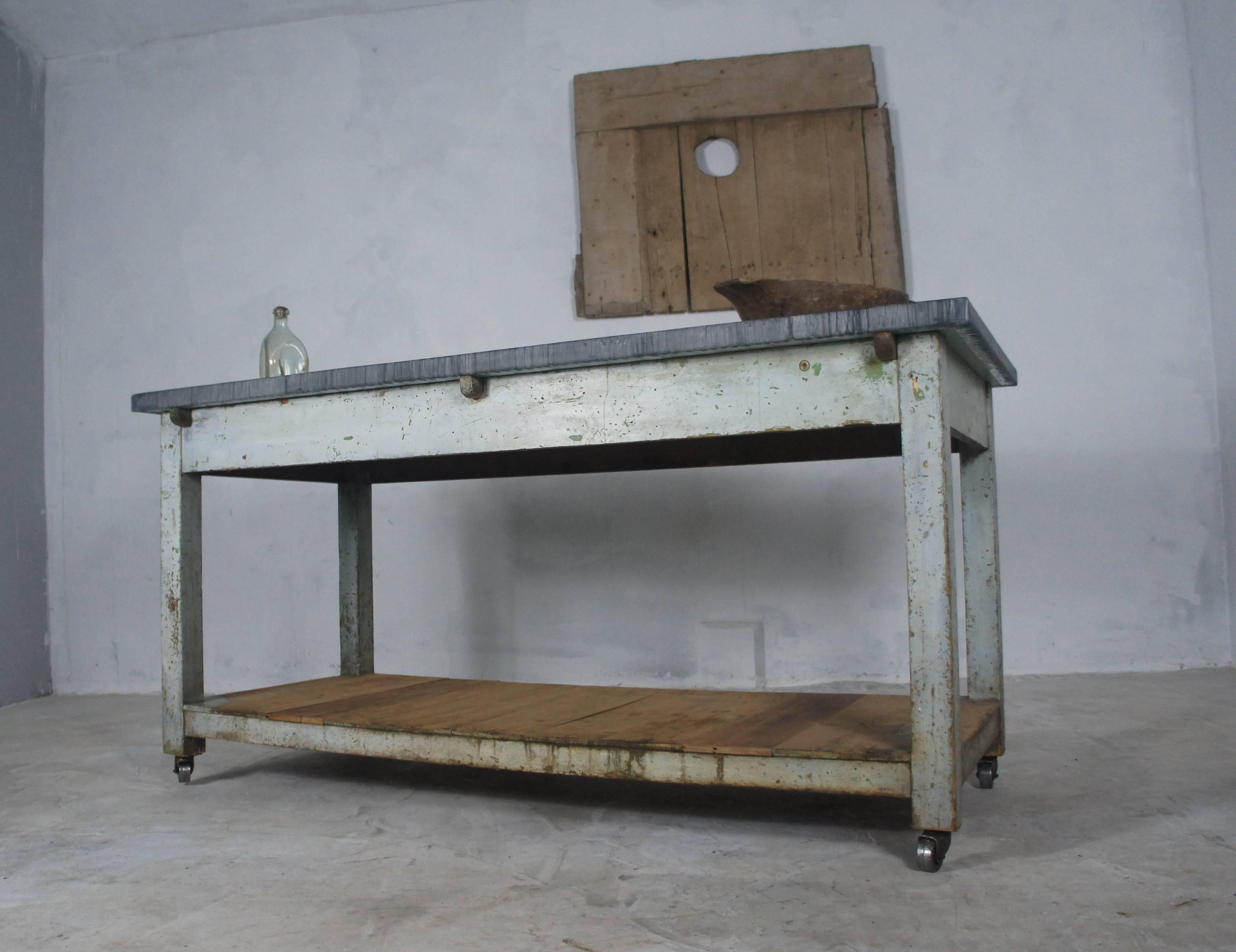20th Century French Table, Sideboard or Kitchen Island with Zinc Top on Casters 5