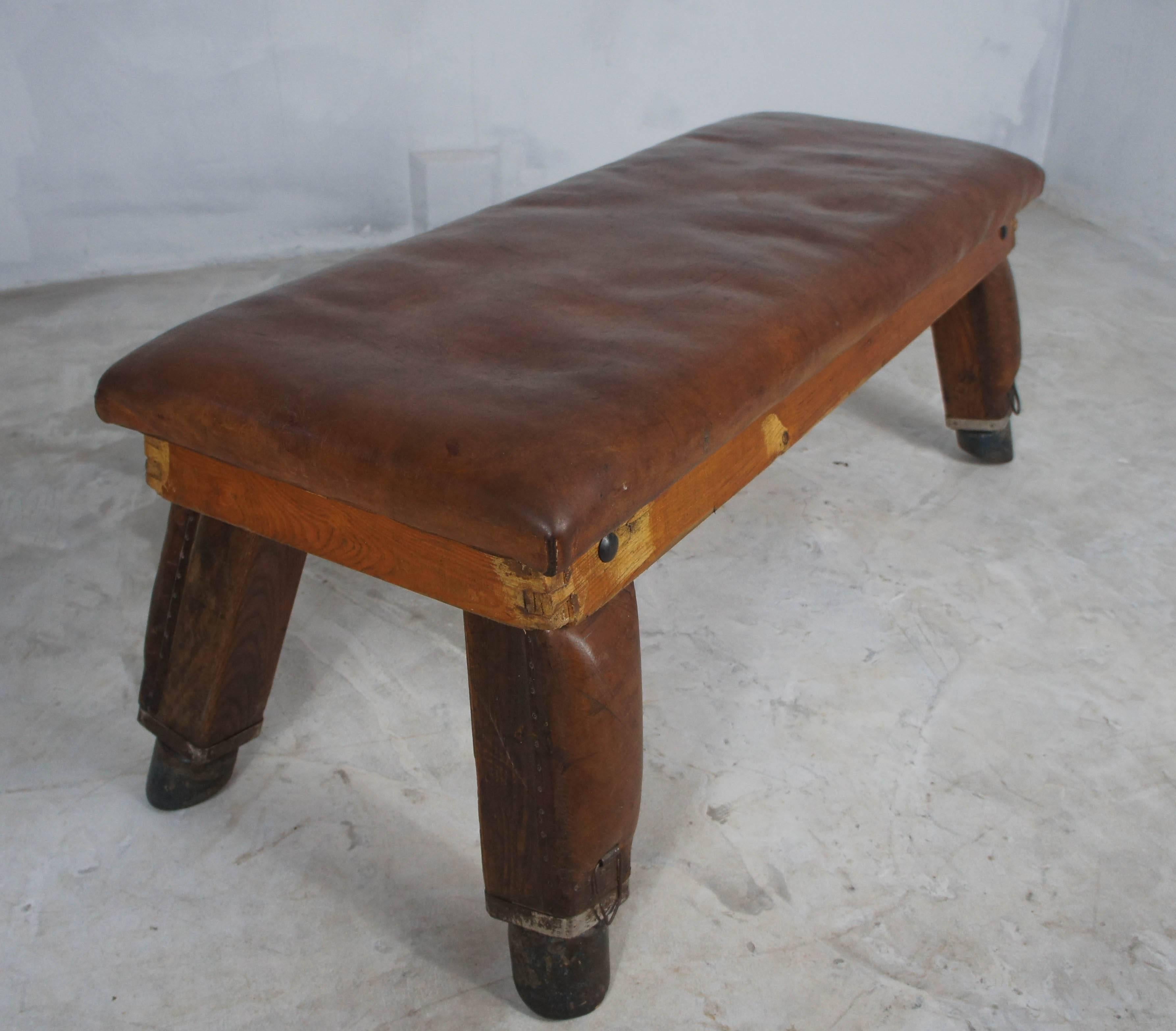 Midcentury Vintage Leather Gym Bench from Germany In Good Condition In Culverthorpe, Lincs