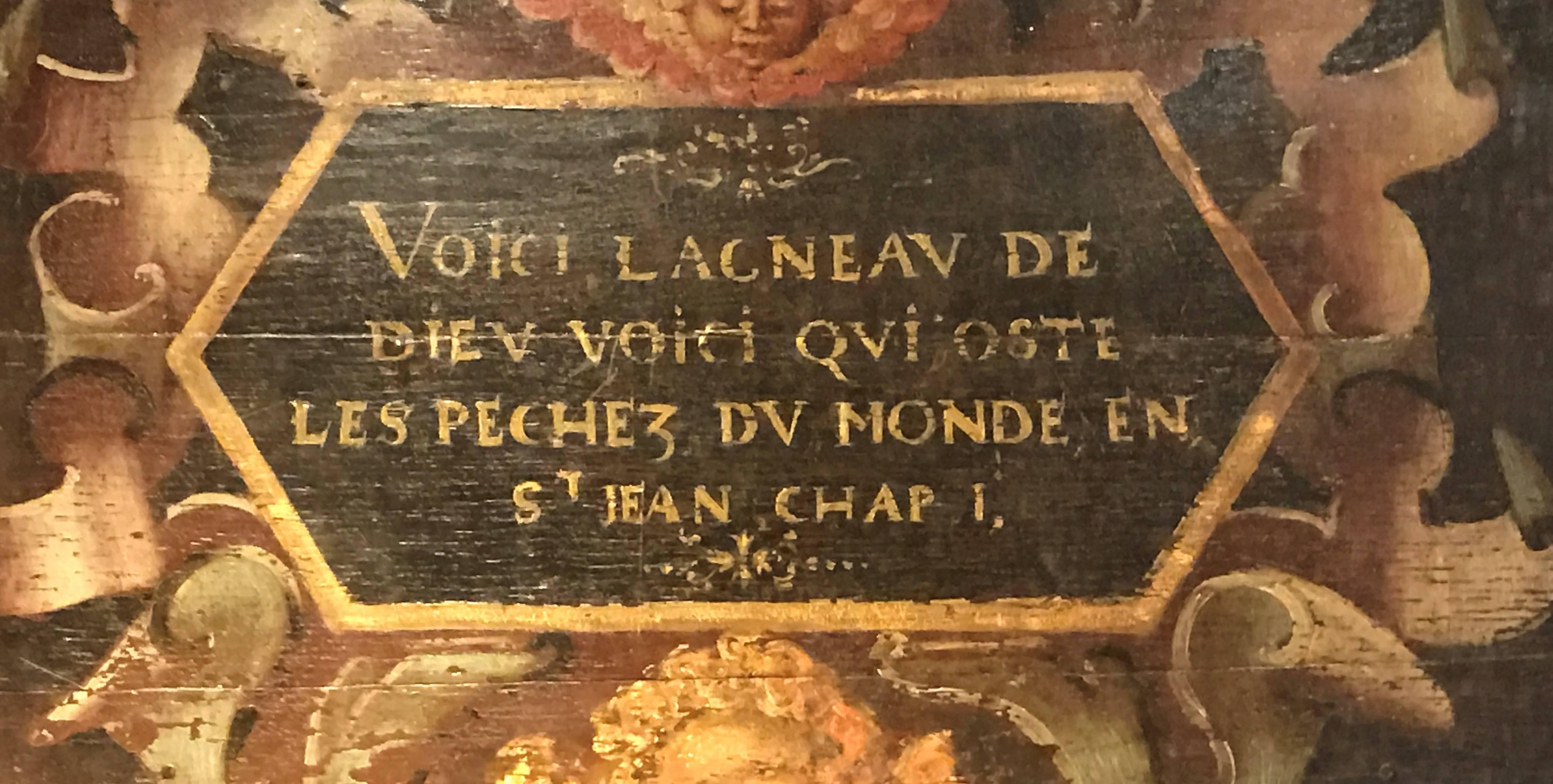 18th century oil painting on a wooden panel evangelical text.