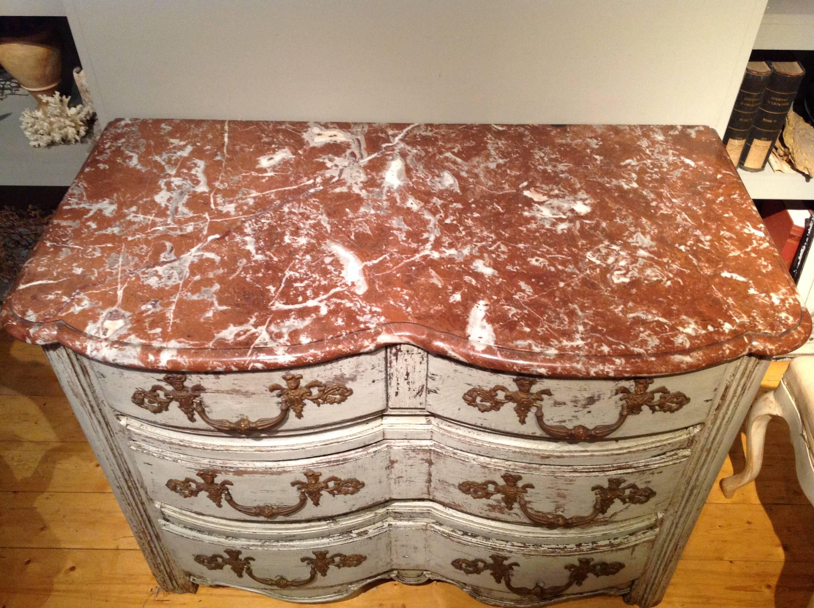 18th century Louis XVI commode with marble top and four drawers, grey paint.