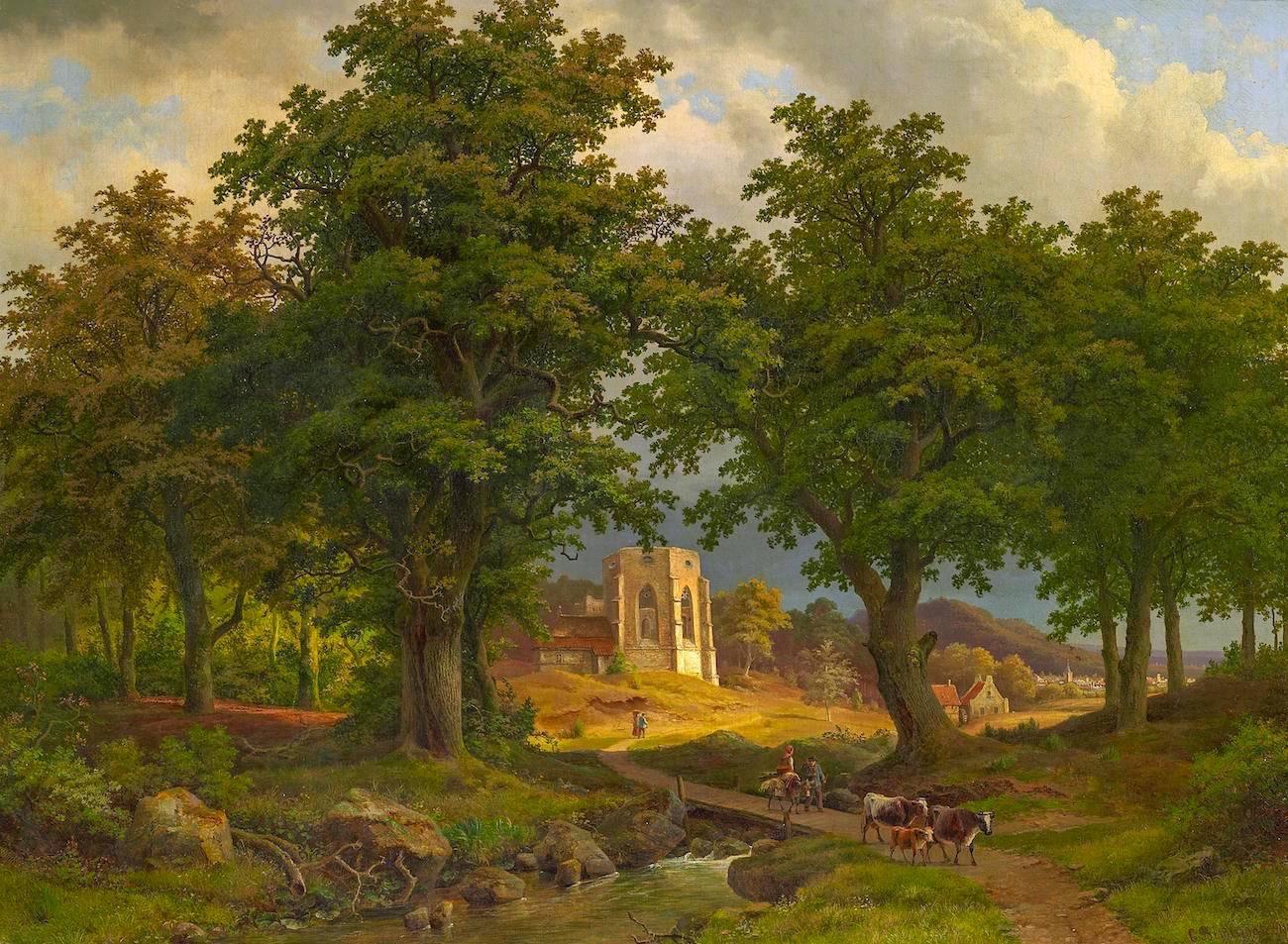 Bimmerman, Cäsar, 1821 Eupen-1888 Düsseldorf
Broad wooded landscape in evening light.
In the background a ruin of a Gothic church. In the foreground shepherds with their cattle.
Oil on canvas. Measures: 77 x 105cm. Signed lower right: C. Bimmerman