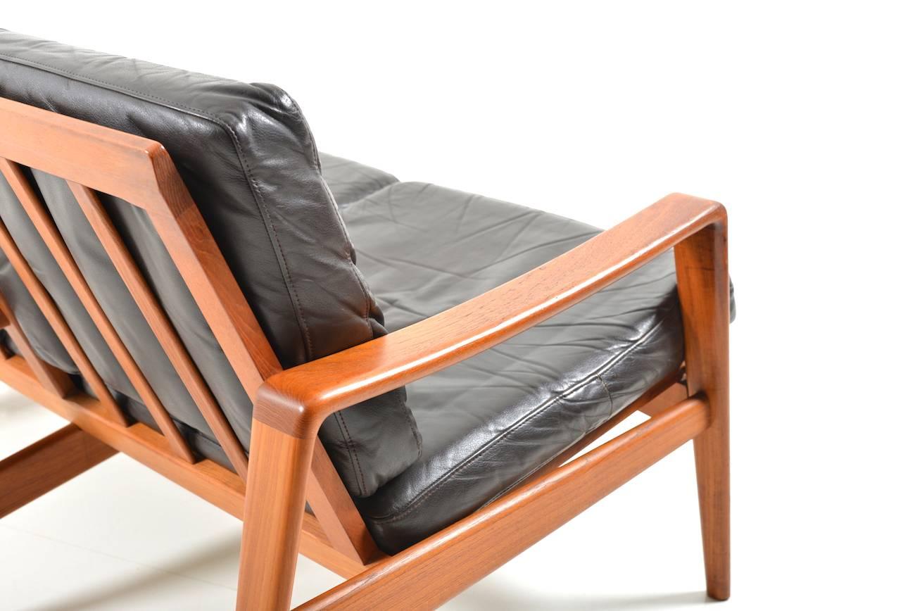 Leather Mid Century Danish Teak Three-Seat Sofa by Arne Wahl Iversen for Komfort For Sale