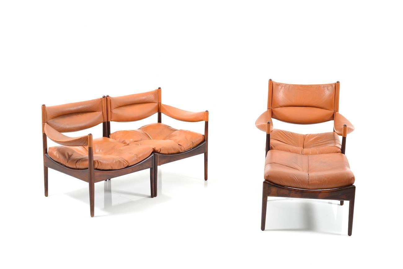 Scandinavian Modern Two Seats Sofa and Lounge Chair with Ottoman in Rosewood by Kristian Vedel