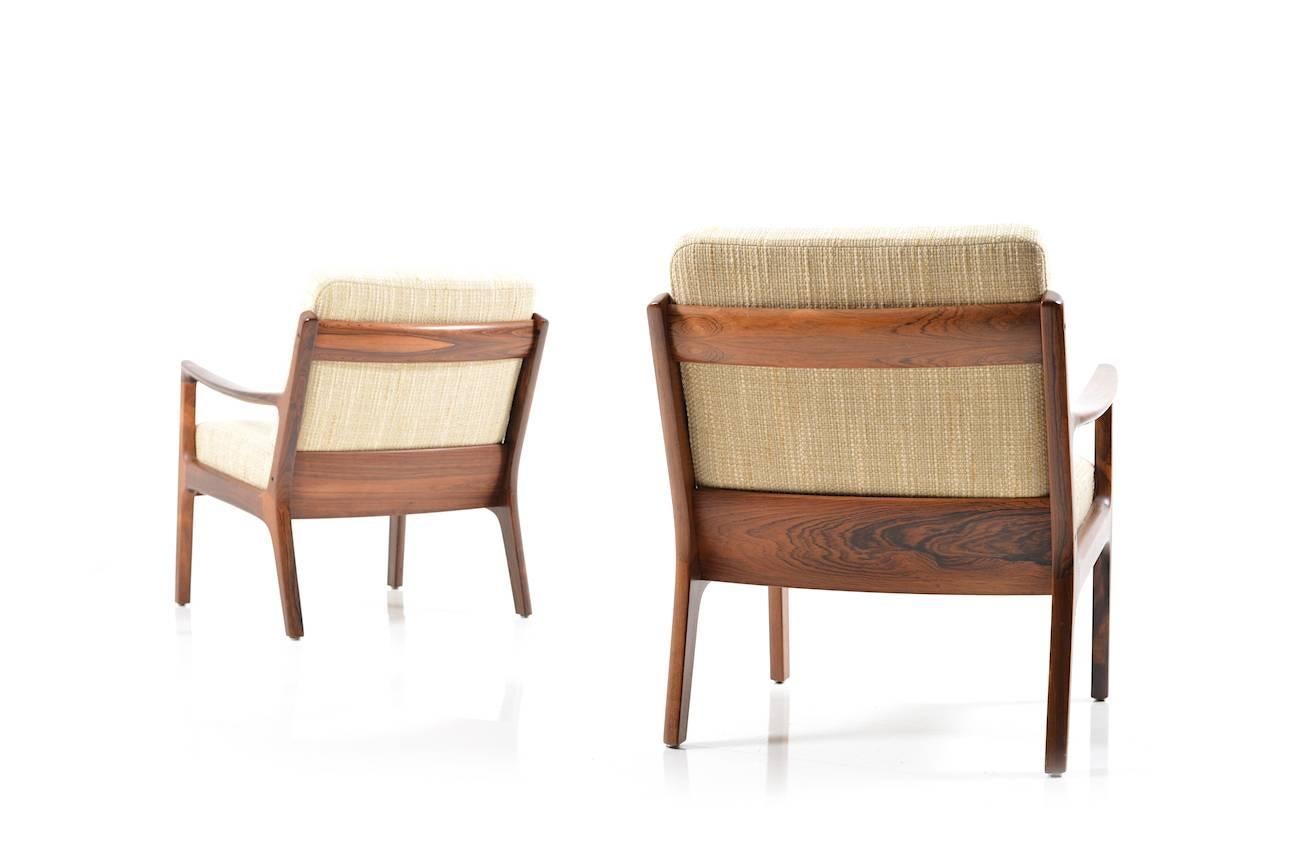 Fabric Pair of Rare Senator Easy Chairs in Rosewood by Ole Wanscher