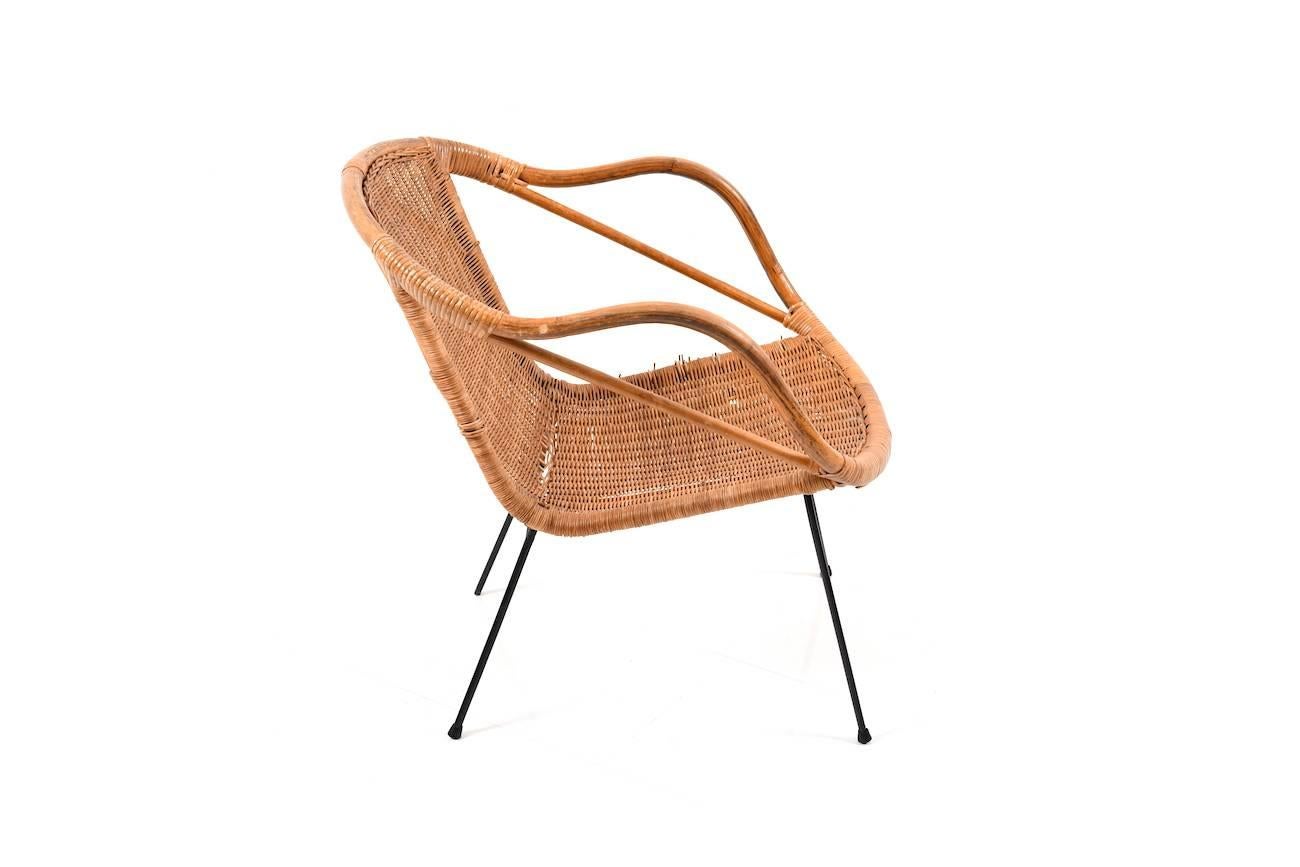Early Danish basket-chair. Black lacquered metal frame, Denmark, 1940s. Vintage condition.