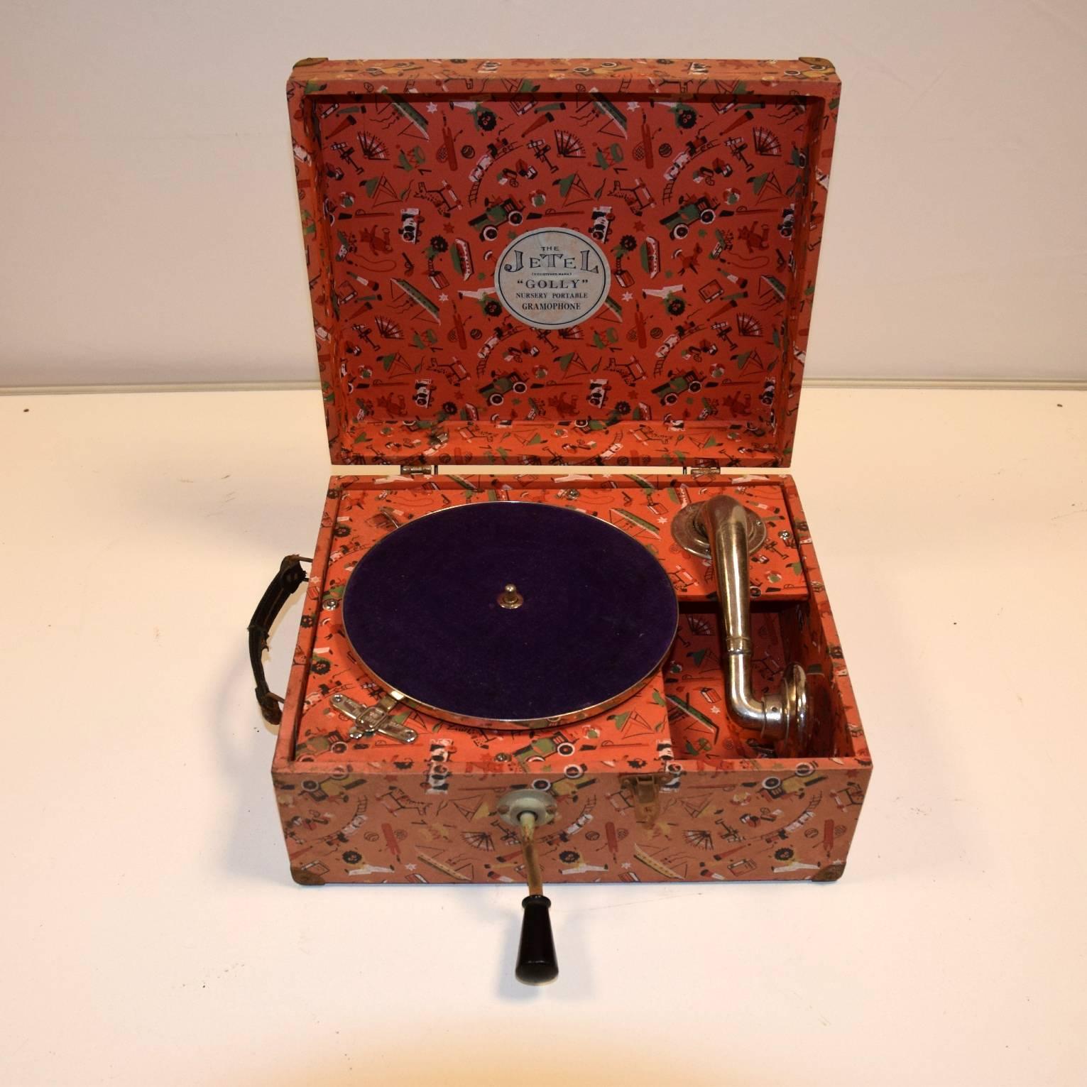 English 1940s Jetel Golly Nursery Portable Gramophone For Sale