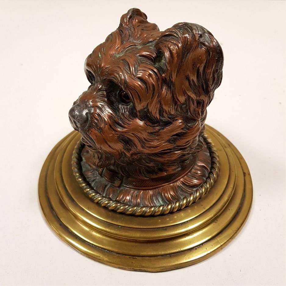 Victorian Late 19th Century Austrian Geschutzt Cold Painted Bronze Terrier Ink Well