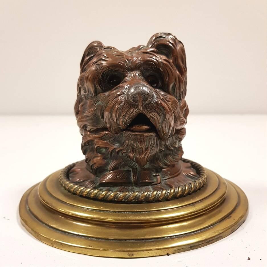 Cold-Painted Late 19th Century Austrian Geschutzt Cold Painted Bronze Terrier Ink Well