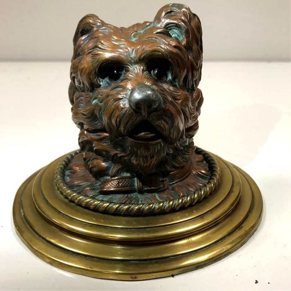 Brass Late 19th Century Austrian Geschutzt Cold Painted Bronze Terrier Ink Well