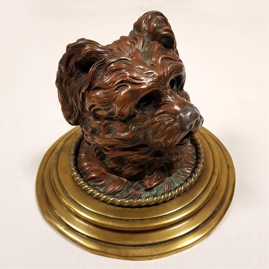 Late 19th Century Austrian Geschutzt Cold Painted Bronze Terrier Ink Well 1
