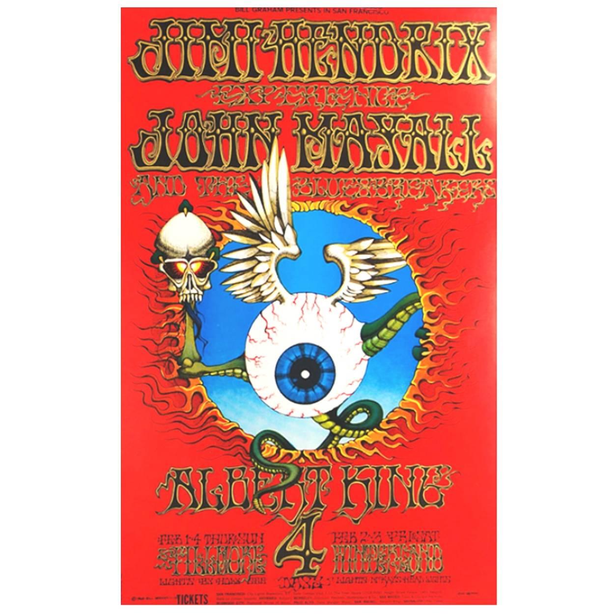 Original 2nd printing of the now infamous Rick Griffin Flying Eyeball Poster for the concert at the Fillmore Auditorium in San Francisco, CA from 14th February 1968. Performers were Jimi Hendrix, John Mayall and the Bluesbreakers along with Albert