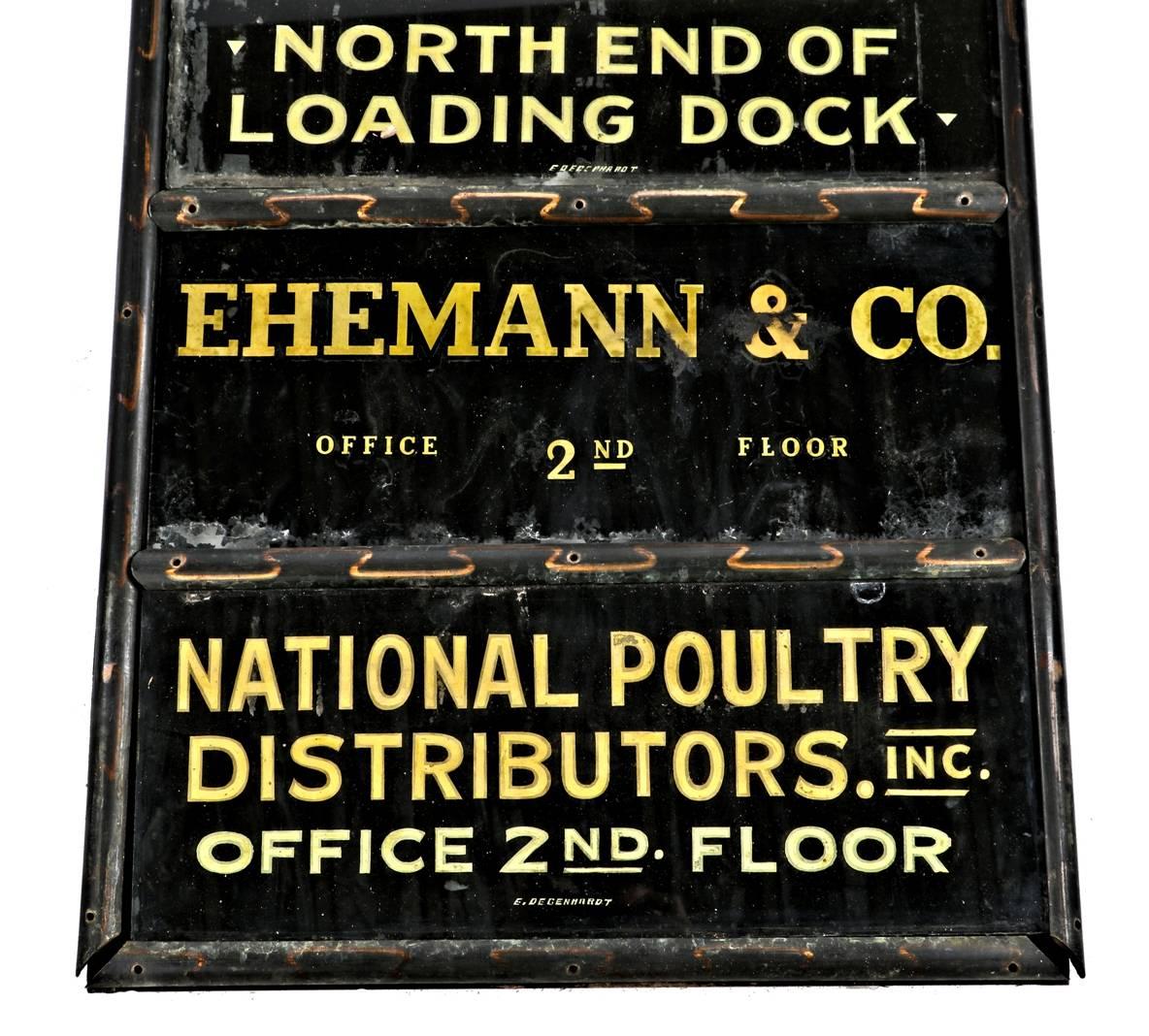 Very rare American depression-era oversized single-sided flush mount wall-mounted Fulton market cold storage building business directory executed in part by 