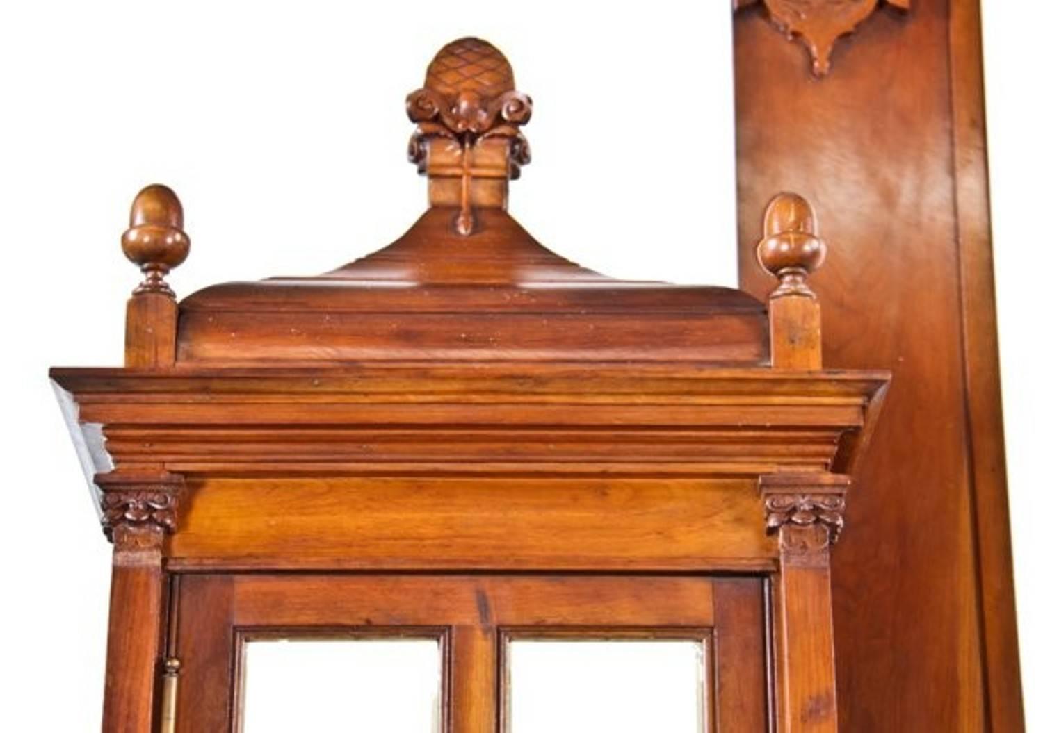 truly exceptional 19th century towering solid cherry wood interior residential fireplace mantel salvaged from the david c. cook mansion, constructed in 1884-85. the sectional mantelpiece contains a rather unique combination of highly stylized design