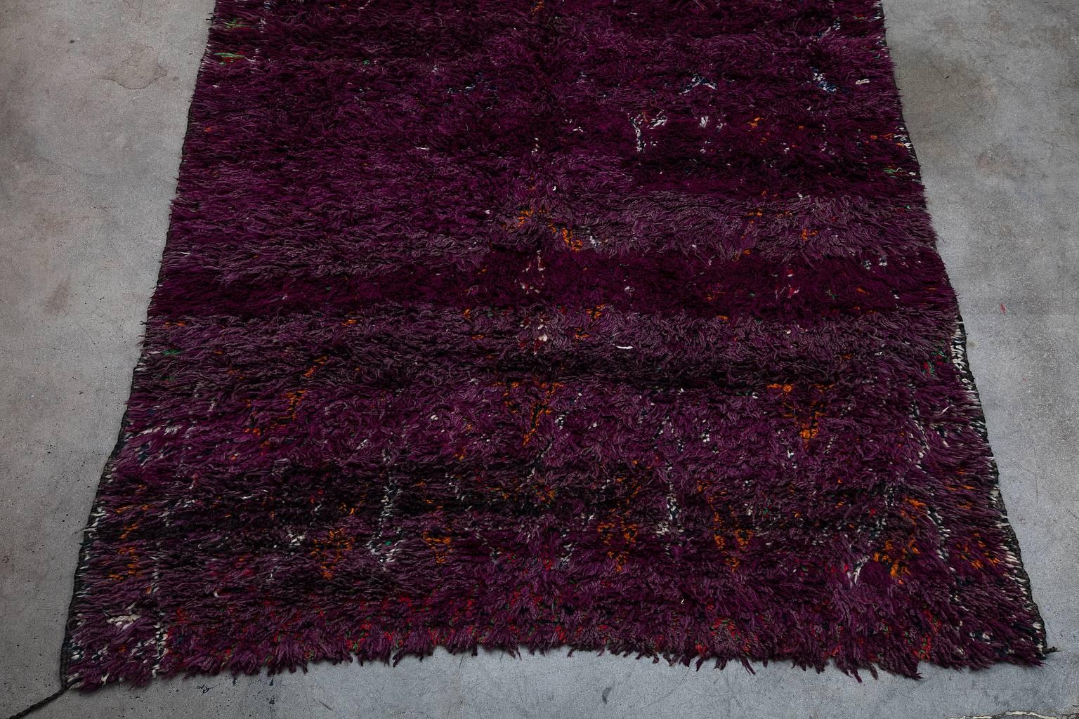 The Zayan tribe of Morocco reside in the Middle Atlas mountains range in the area of Khénifra. Their rugs are uniquely knotted. The longer wool pieces have a bigger knot while the shorter more colorful wool pieces have a smaller knot so the design