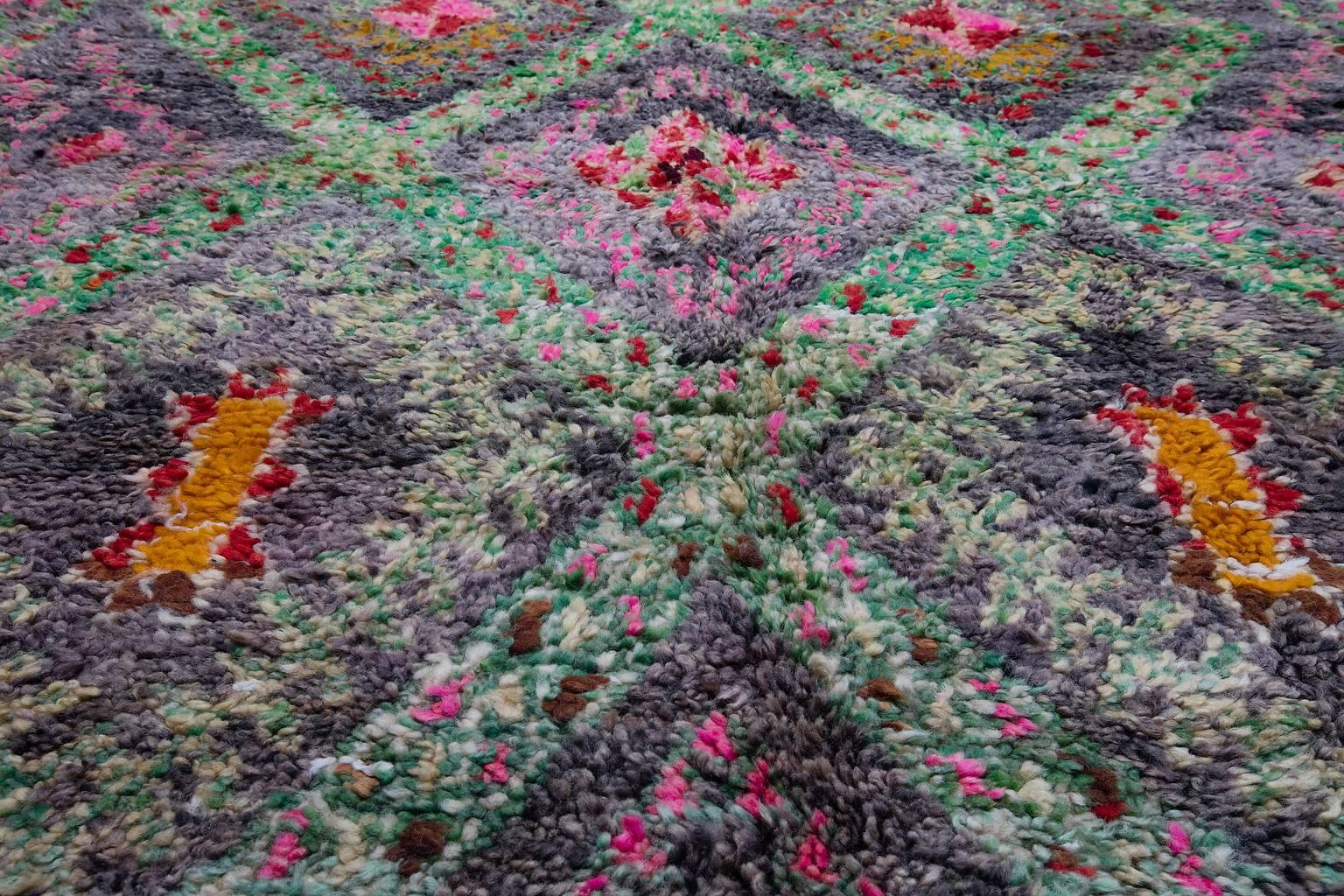 Wool Vintage Moroccan Ait Seghrouchène Rug, Pink and Green For Sale