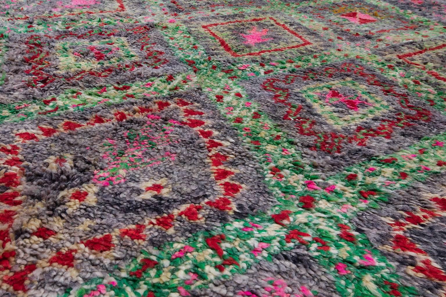 Hand-Knotted Vintage Moroccan Ait Seghrouchène Rug, Pink and Green For Sale