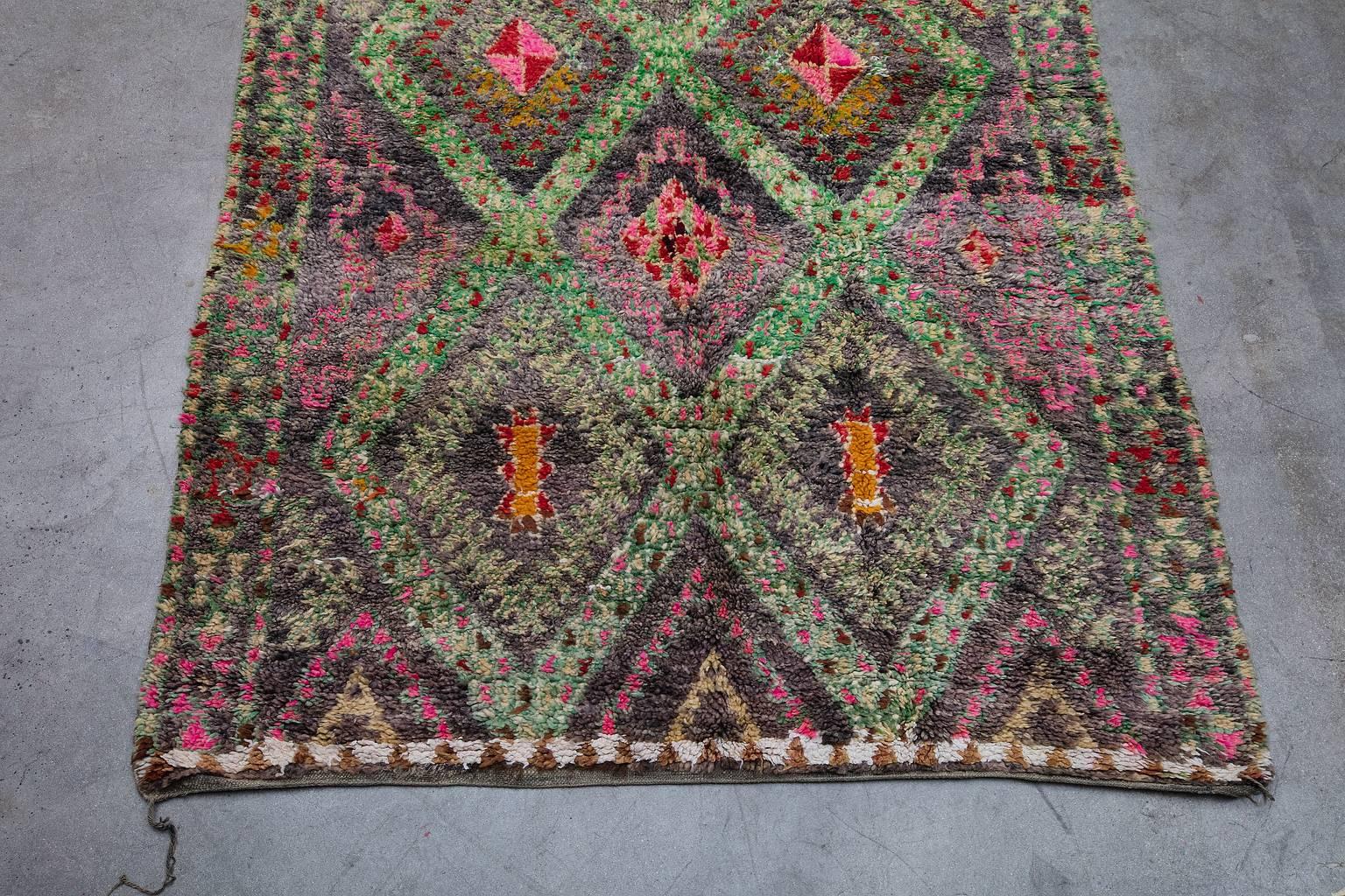 Tribal Vintage Moroccan Ait Seghrouchène Rug, Pink and Green For Sale