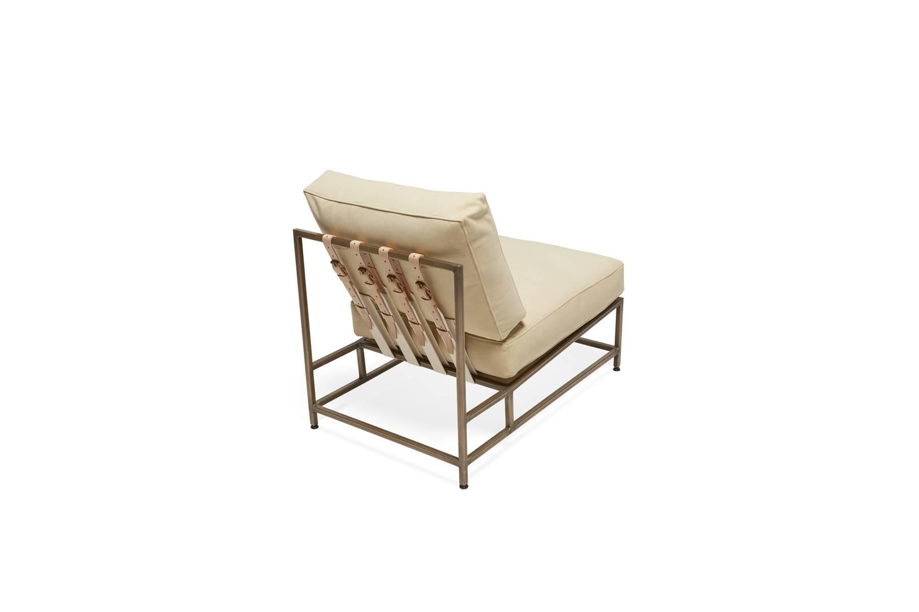 Modern Cream Nubuck Leather and Antique Brass Chair For Sale
