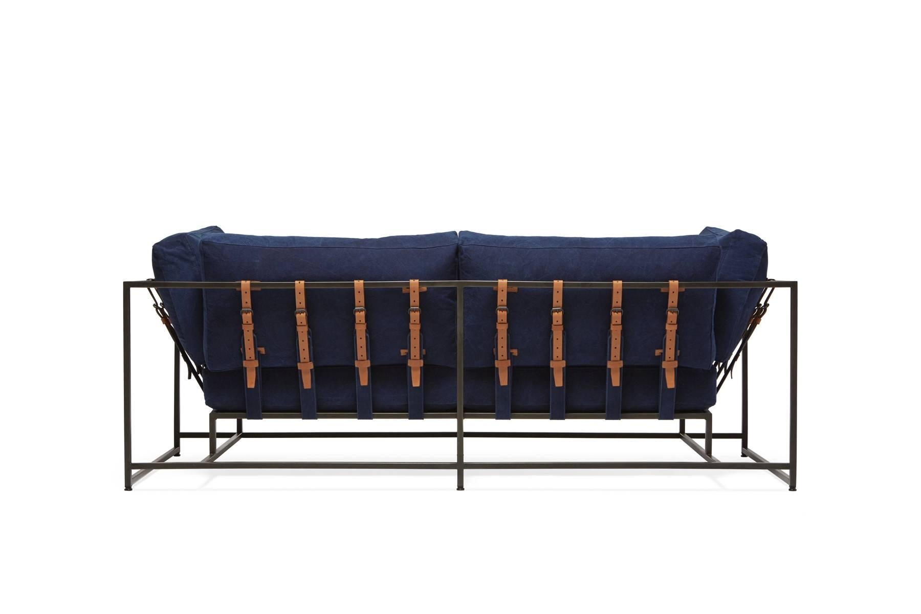Modern Hand-Dyed Indigo Canvas and Blackened Steel Two-Seat Sofa For Sale