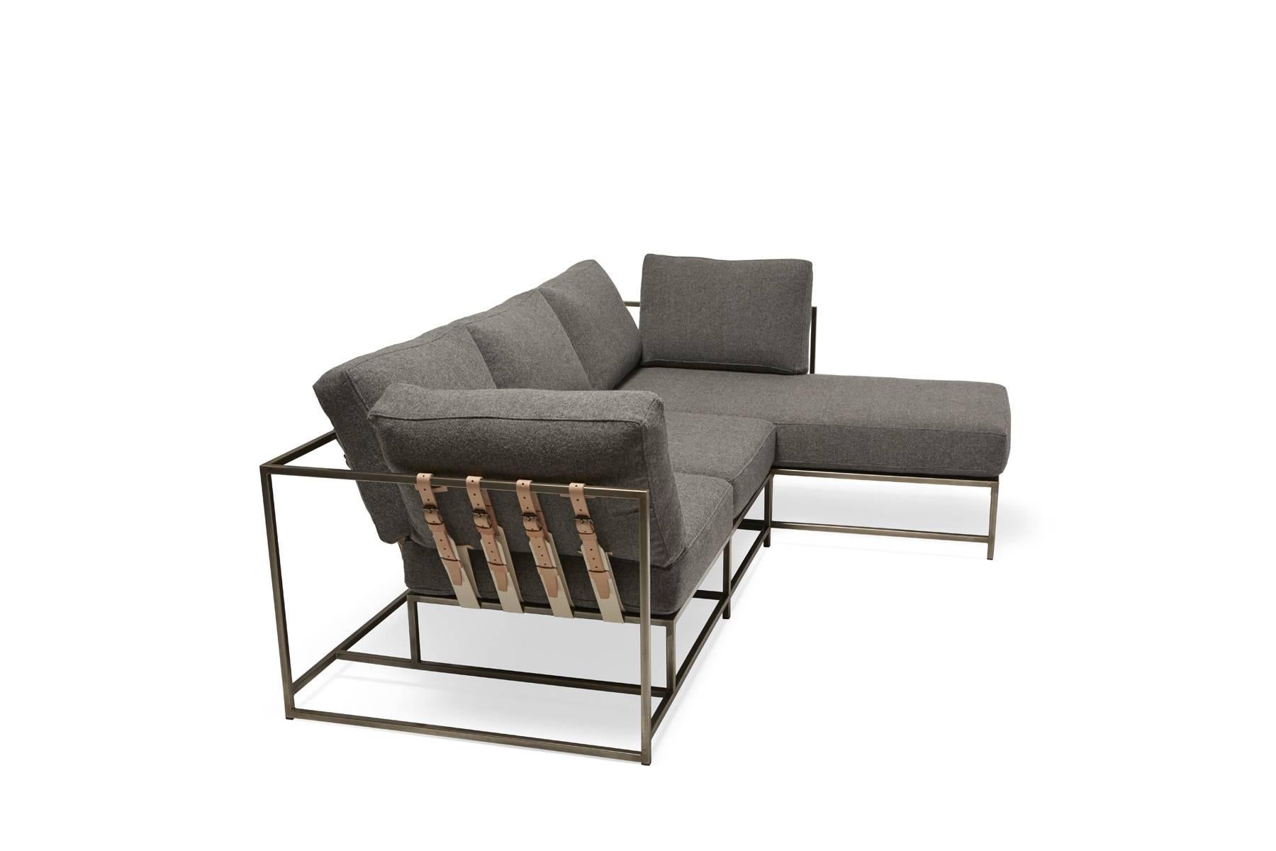 Metalwork Grey Wool & Antique Nickel Small Chaise Sectional For Sale