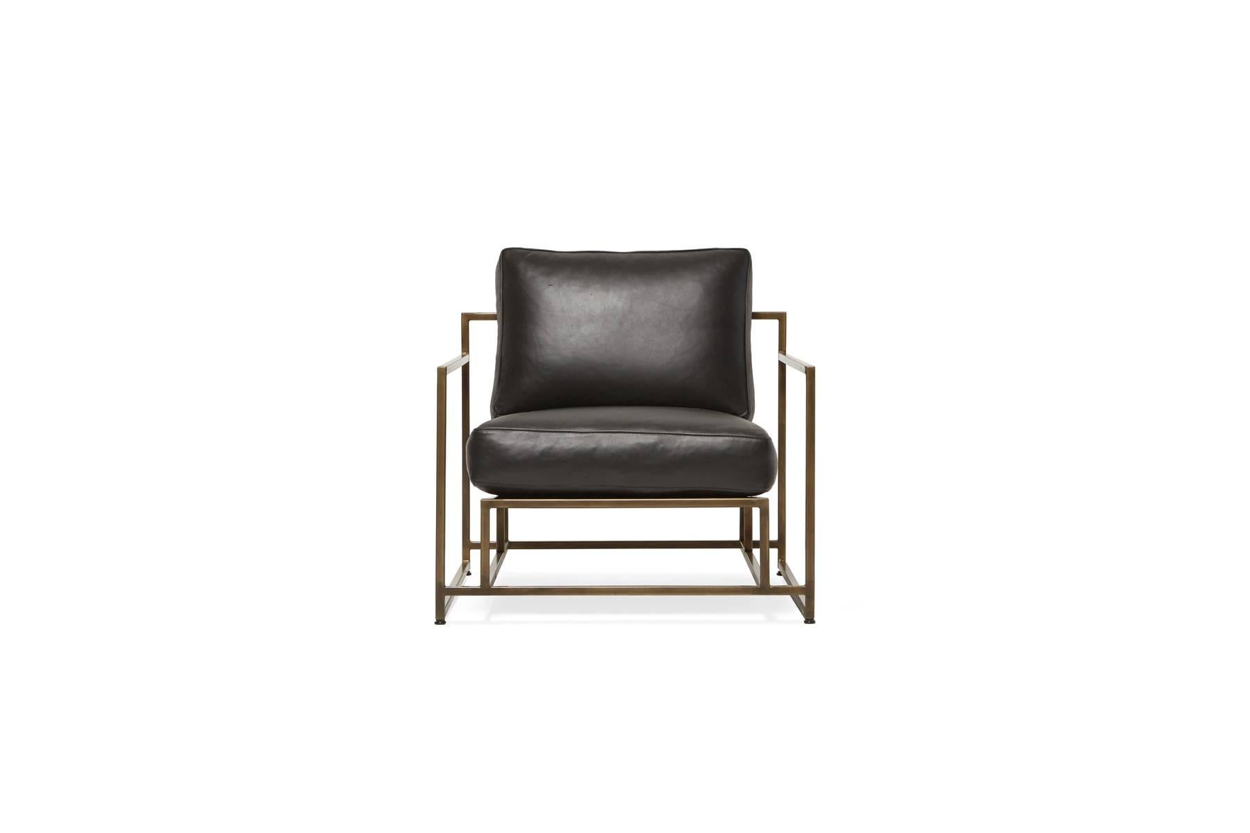 Modern Obsidian Black Leather and Antique Brass Armchair For Sale
