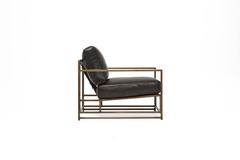 Obsidian Black Leather and Antique Brass Armchair