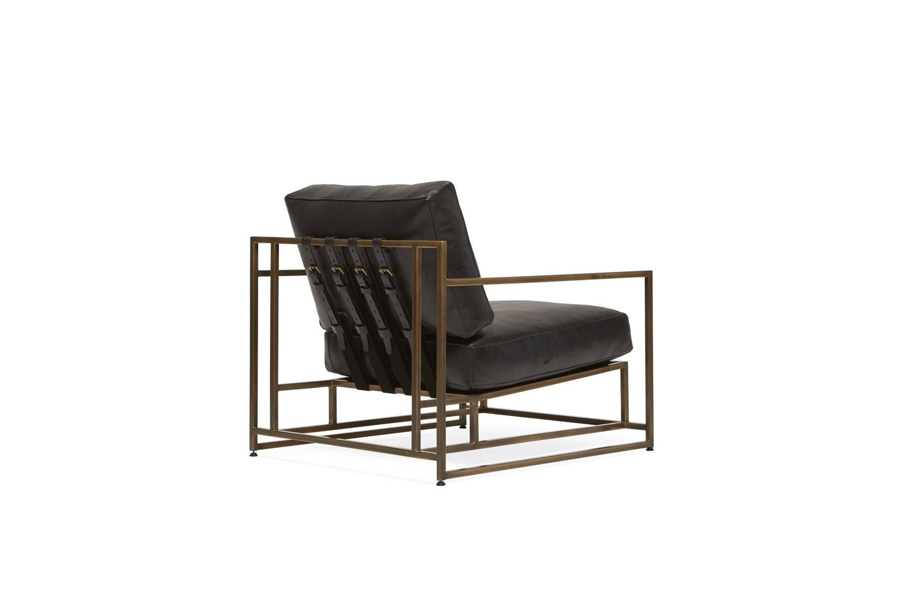 Metalwork Obsidian Black Leather and Antique Brass Armchair For Sale