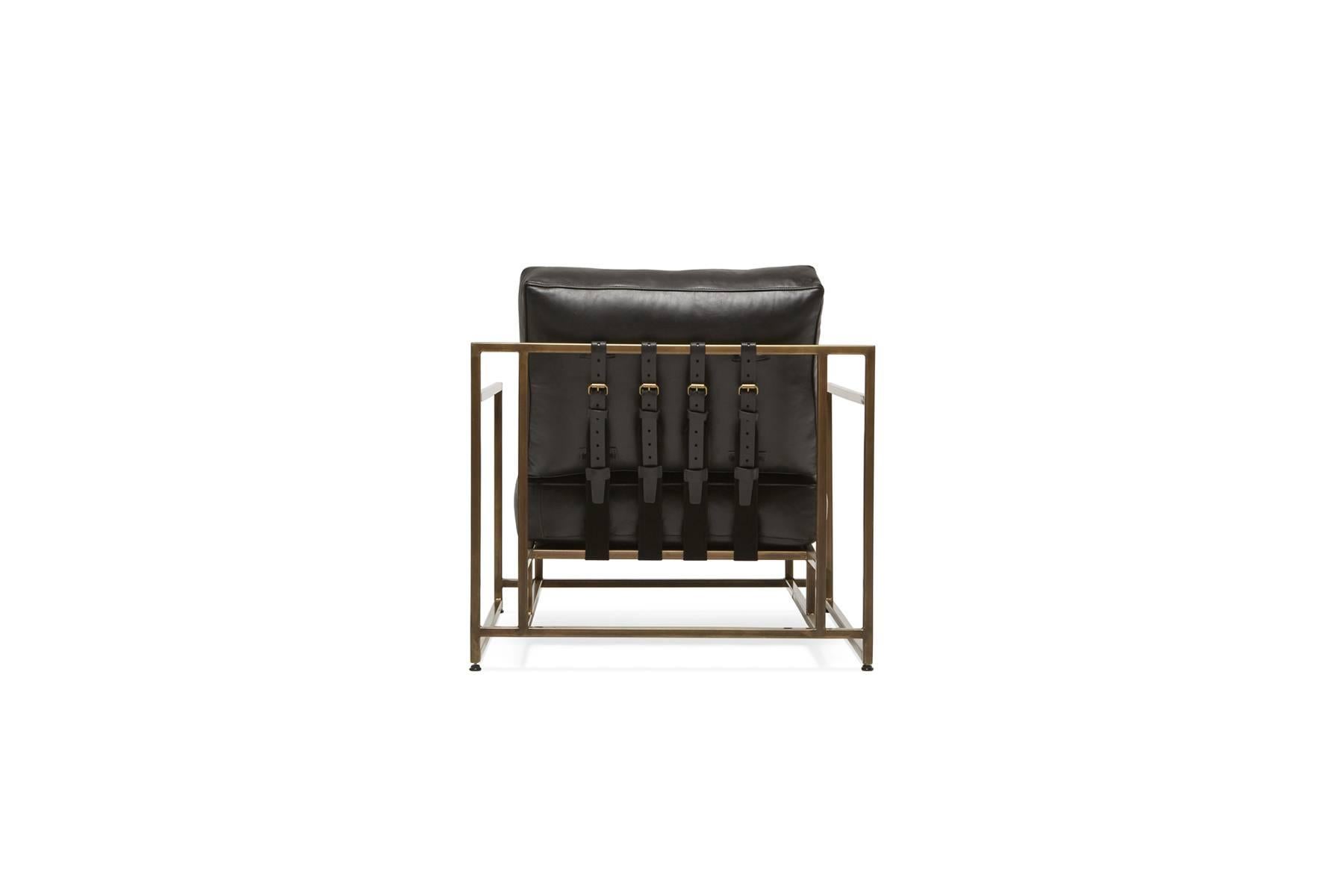 American Obsidian Black Leather and Antique Brass Armchair For Sale