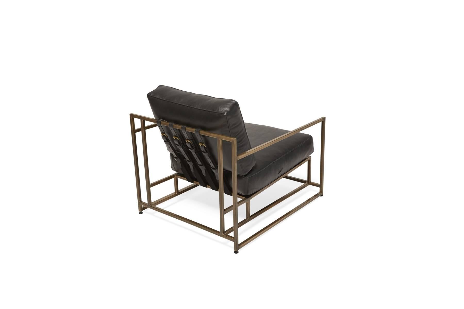 Obsidian Black Leather and Antique Brass Armchair In New Condition For Sale In Los Angeles, CA