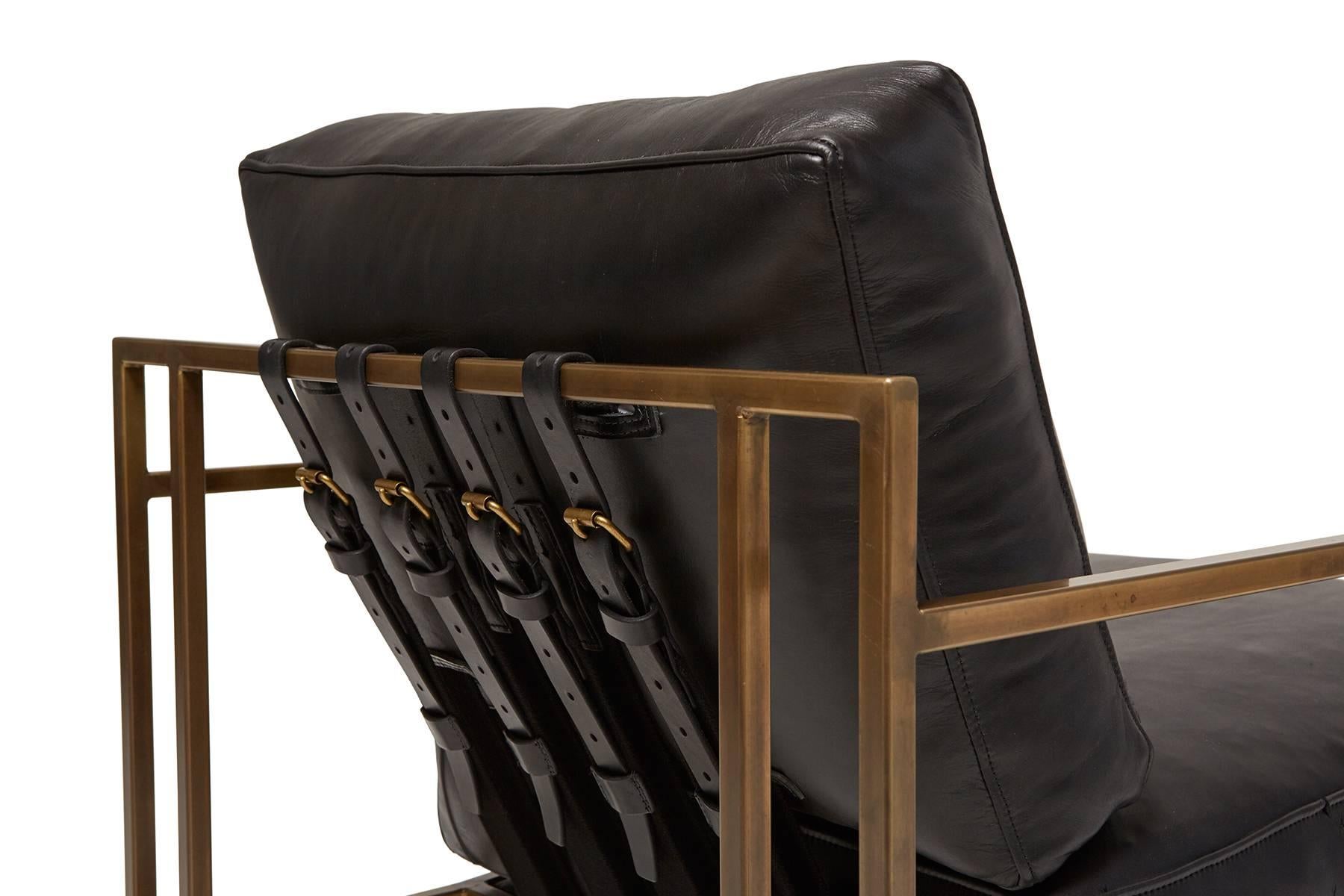 Contemporary Obsidian Black Leather and Antique Brass Armchair For Sale