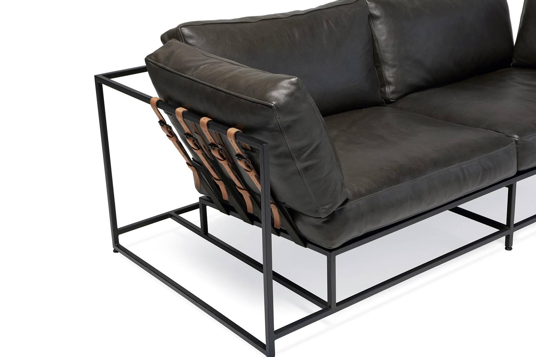 Modern Smoke Leather and Blackened Steel Two-Seat Sofa For Sale