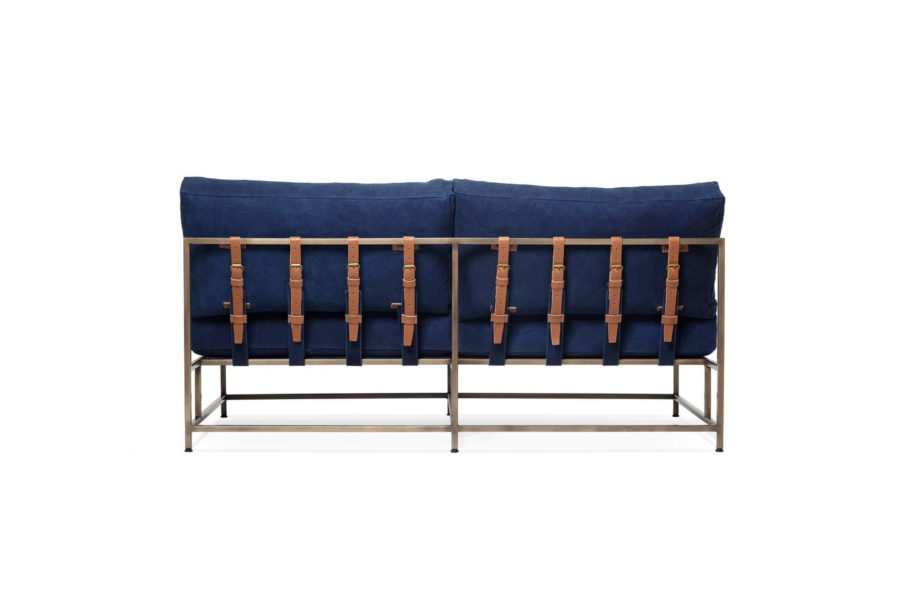 Modern Hand-Dyed Indigo Canvas and Antique Brass Loveseat For Sale