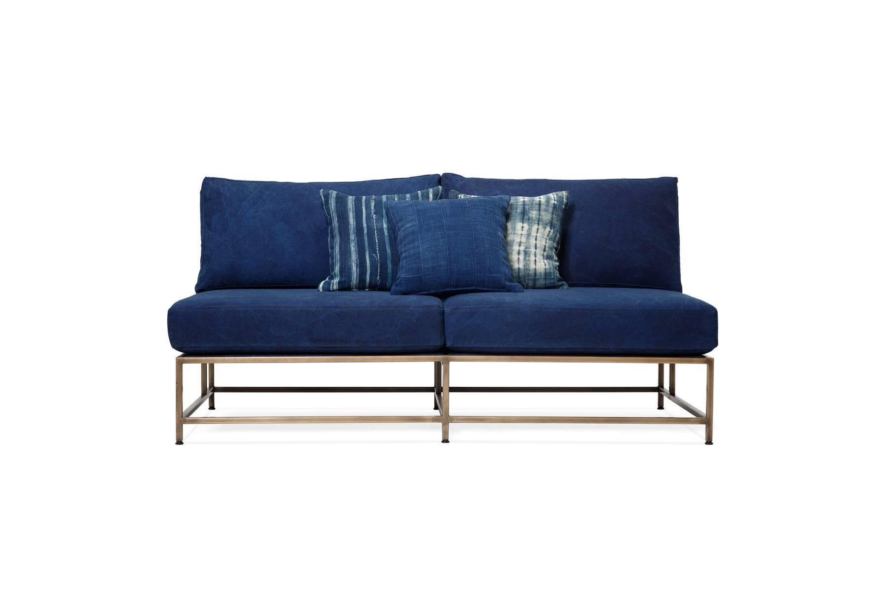 American Hand-Dyed Indigo Canvas and Antique Brass Loveseat For Sale